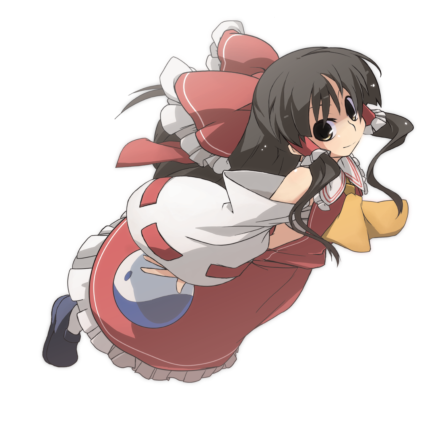 sasurai, hakurei reimu, touhou, bad id, bad pixiv id, highres, 1girl, black hair, bow, brown eyes, detached sleeves, female focus, full body, hair bow, japanese clothes, long hair, miko, ribbon, sarashi, solo, transparent background, yin yang