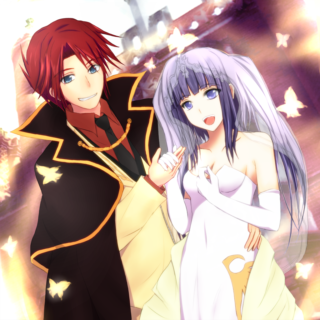 tomy (rtm 225), furudo erika, ushiromiya battler, dawn of the golden witch, umineko no naku koro ni, 00s, 1boy, 1girl, blue eyes, blue hair, breasts, bridal veil, bride, cape, cleavage, dress, elbow gloves, formal clothes, gloves, happy, medium breasts, red hair, smile, suit, veil, wedding dress