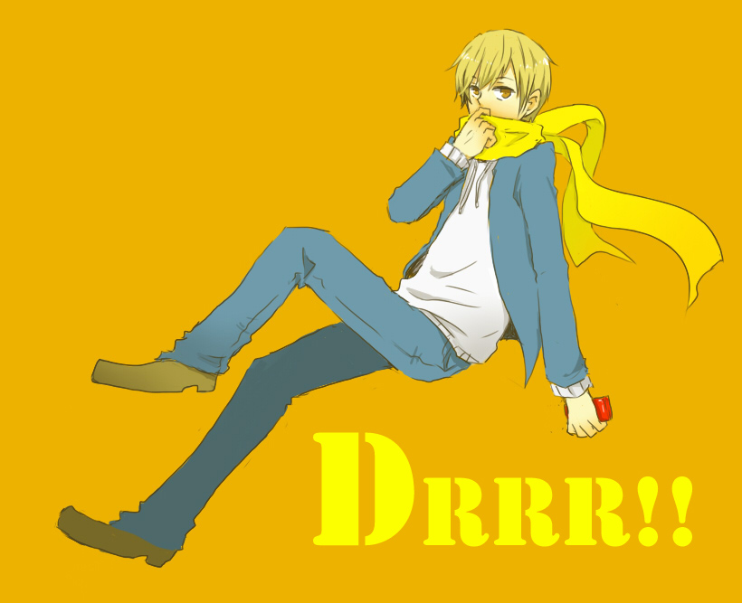 yunoki shino, kida masaomi, durarara!!, bad id, bad pixiv id, 1boy, blonde hair, brown eyes, cellphone, male focus, phone, scarf, school uniform, simple background, solo