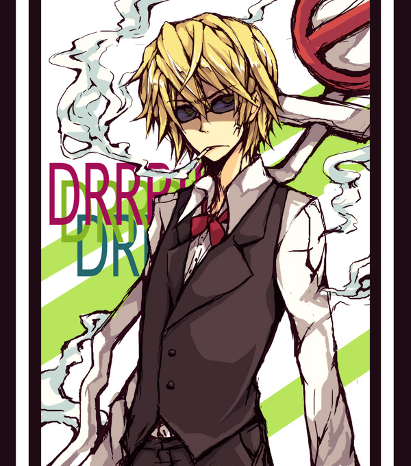 robosuke, heiwajima shizuo, durarara!!, bad id, bad pixiv id, 1boy, blonde hair, bow, bowtie, cigarette, formal clothes, male focus, no symbol, open collar, road closed to vehicles sign, road sign, sign, smoke, solo, sunglasses, veins, vest