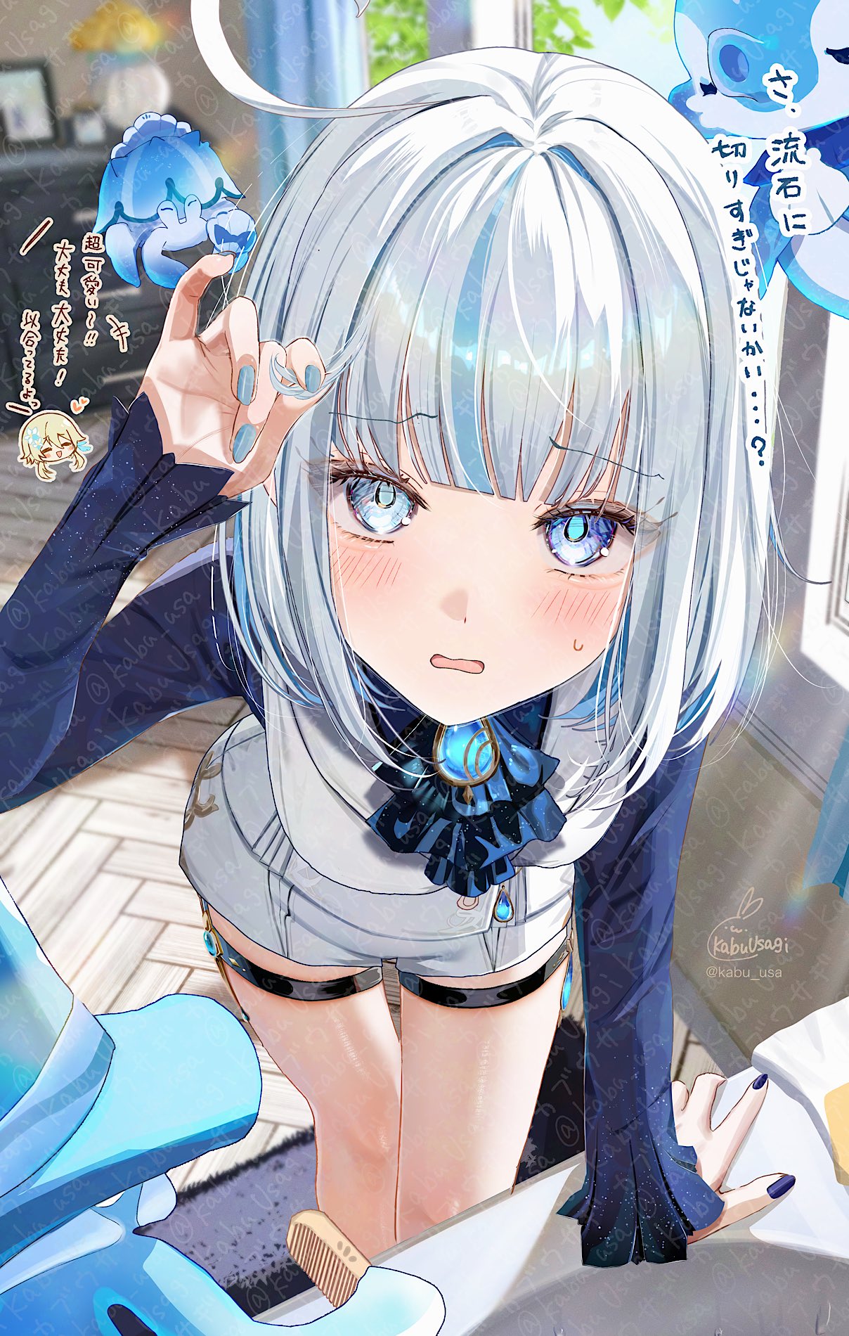kabu usagi, furina (genshin impact), gentilhomme usher, lumine (genshin impact), mademoiselle crabaletta, surintendante chevalmarin, genshin impact, blue gem, commentary request, highres, translation request, 1girl, ahoge, alternate hairstyle, ascot, blue ascot, blue eyes, blue hair, blue jacket, blue nails, blush, comb, drop-shaped pupils, gem, heterochromia, holding, holding own hair, jacket, long sleeves, looking at viewer, mismatched pupils, multicolored hair, multicolored nails, nail polish, ouji fashion, shorts, solo, streaked hair, sweatdrop, symbol-shaped pupils, thigh strap, white hair, white shorts