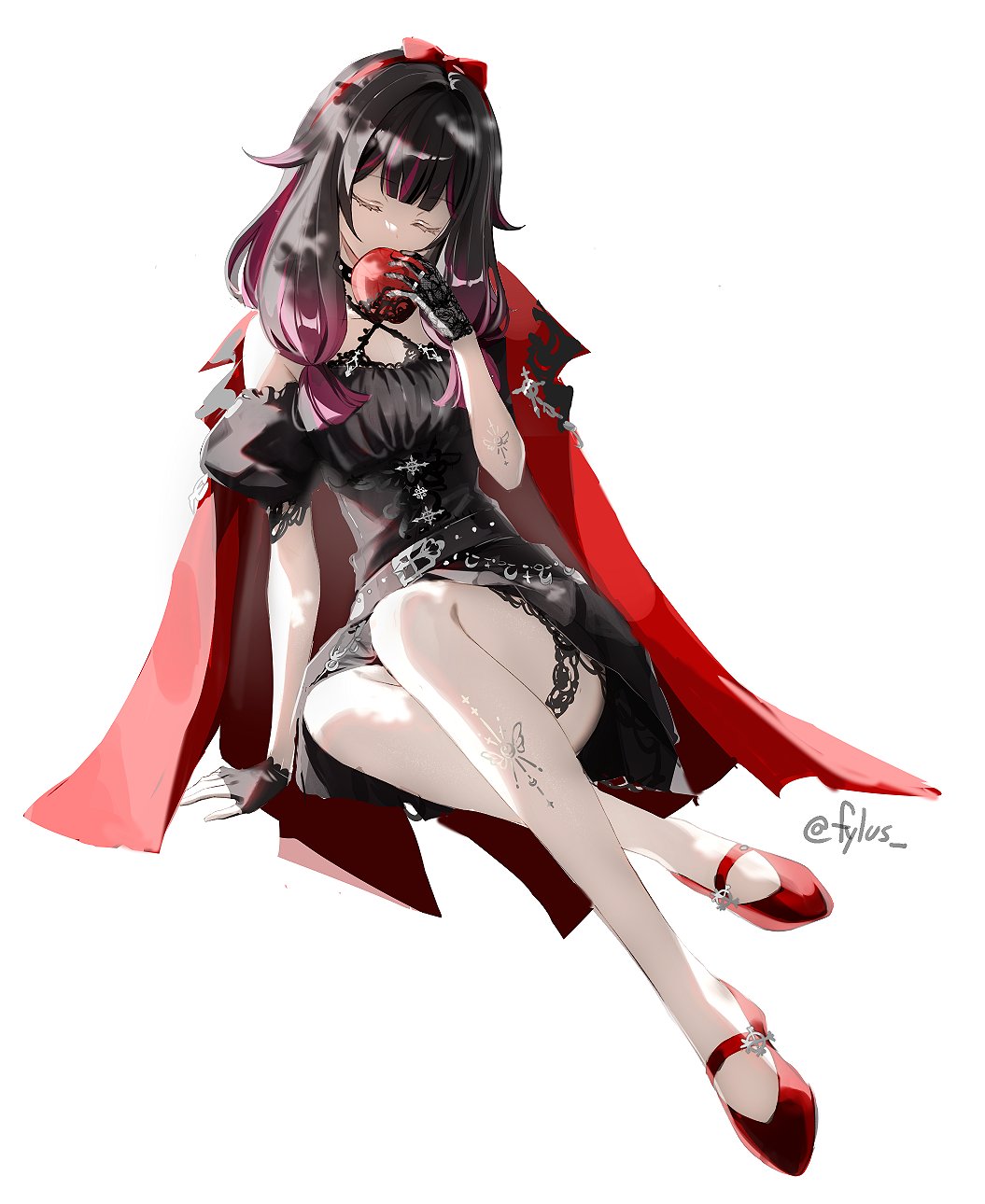 fylus, columbina (genshin impact), snow white (fairy tale character), genshin impact, commentary, english commentary, highres, 1girl, alternate costume, apple, black dress, black gloves, black hair, bow, cape, closed eyes, cosplay, dress, food, fruit, full body, gloves, hair bow, holding, holding food, holding fruit, invisible chair, long hair, multicolored hair, puffy short sleeves, puffy sleeves, purple hair, red bow, red cape, red shoes, shoes, short sleeves, sitting, snow white (fairy tale character) (cosplay), solo, twitter username, two-tone hair