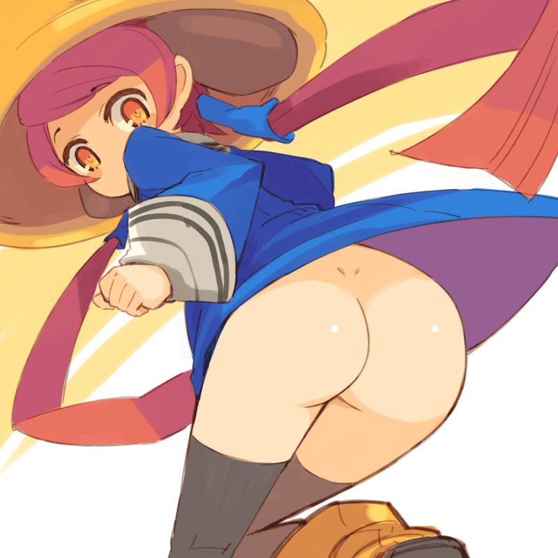 mota, ufo-co, space invaders, space invaders extreme 2, 1girl, ass, bottomless, dimples of venus, female focus, looking back, no panties, orange eyes, pink hair, solo, thighhighs, twintails