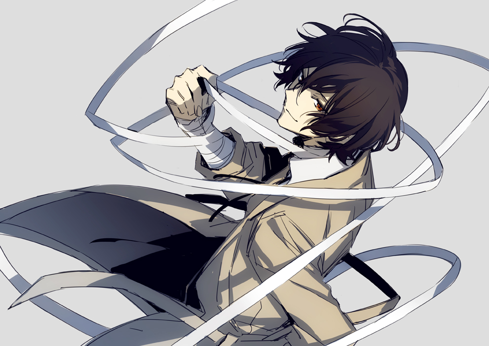 xia (ryugo), dazai osamu (bungou stray dogs), bungou stray dogs, commentary request, 1boy, bandaged arm, bandaged neck, bandages, brown eyes, brown hair, closed mouth, coat, grey background, looking at viewer, male focus, removing bandages, short hair, simple background, solo