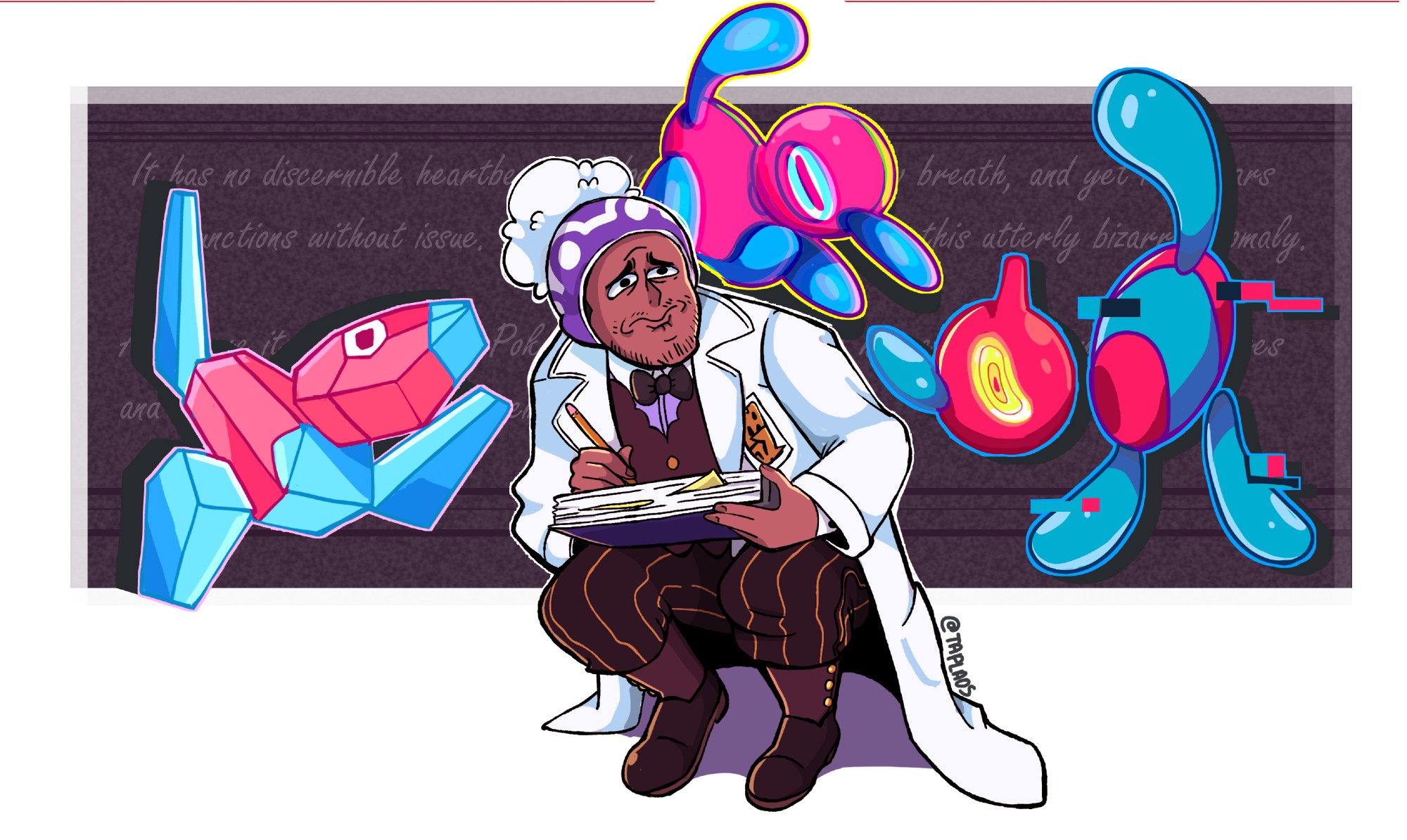 taplaos, porygon, porygon-z, porygon2, professor laventon, nintendo, pokemon, pokemon legends: arceus, highres, 1boy, beanie, black eyes, book, bow, closed mouth, dark-skinned male, dark skin, facial hair, gen 1 pokemon, gen 2 pokemon, gen 4 pokemon, glitch, hat, lab coat, pen, pokemon (creature), purple hat, yellow eyes