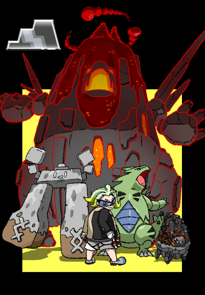 daisuke umiushi, carkol, coalossal, gigantamax coalossal, gordie (pokemon), stonjourner, tyranitar, nintendo, pokemon, pokemon swsh, commentary request, 1boy, arms up, black-framed eyewear, blonde hair, blue-framed eyewear, claws, closed mouth, coal, colored lineart, dynamax, fangs, gen 2 pokemon, gen 8 pokemon, gigantamax, grey shoes, grey shorts, long sleeves, looking back, male focus, medium hair, multicolored hair, open mouth, poke ball, poke ball (basic), pokemon (creature), pokemon team, red clouds, shoes, shorts, smile, solid oval eyes, sunglasses, two-tone hair, waist poke ball, white eyes, white hair