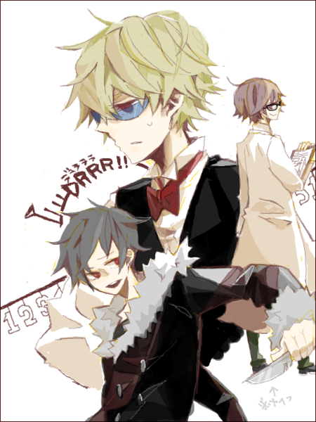 m (pixiv557100), heiwajima shizuo, kishitani shinra, orihara izaya, durarara!!, black hair, blonde hair, bow, bowtie, glasses, jacket, knife, lab coat, smile, sunglasses