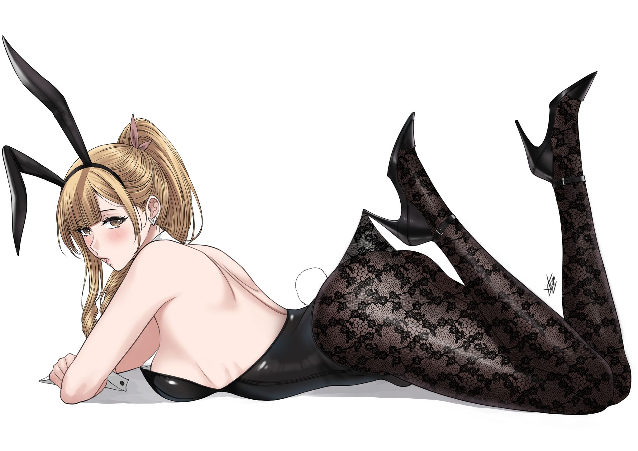 xter, original, commentary, highres, symbol-only commentary, 2025, ass, back, blonde hair, braid, breasts, bulge, crossdressing, earrings, full body, futa without pussy, futanari, high heels, jewelry, lace pantyhose hooked on heel (meme), leotard, long eyelashes, makeup, meme, nut-chan (xter), pinup (style), playboy bunny, ponytail, trap