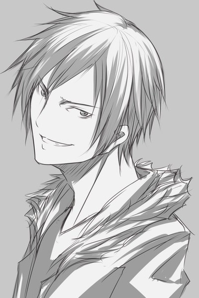 izayan, orihara izaya, durarara!!, image sample, pixiv sample, resized, 1boy, jacket, male focus, monochrome, short hair, simple background, smile, solo