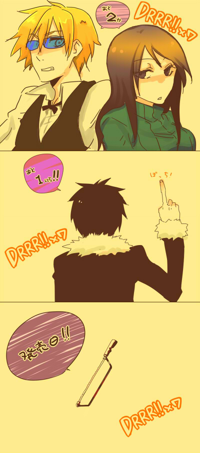 yab, heiwajima shizuo, orihara izaya, yagiri namie, durarara!!, 1girl, 2boys, blonde hair, jacket, knife, multiple boys, sunglasses