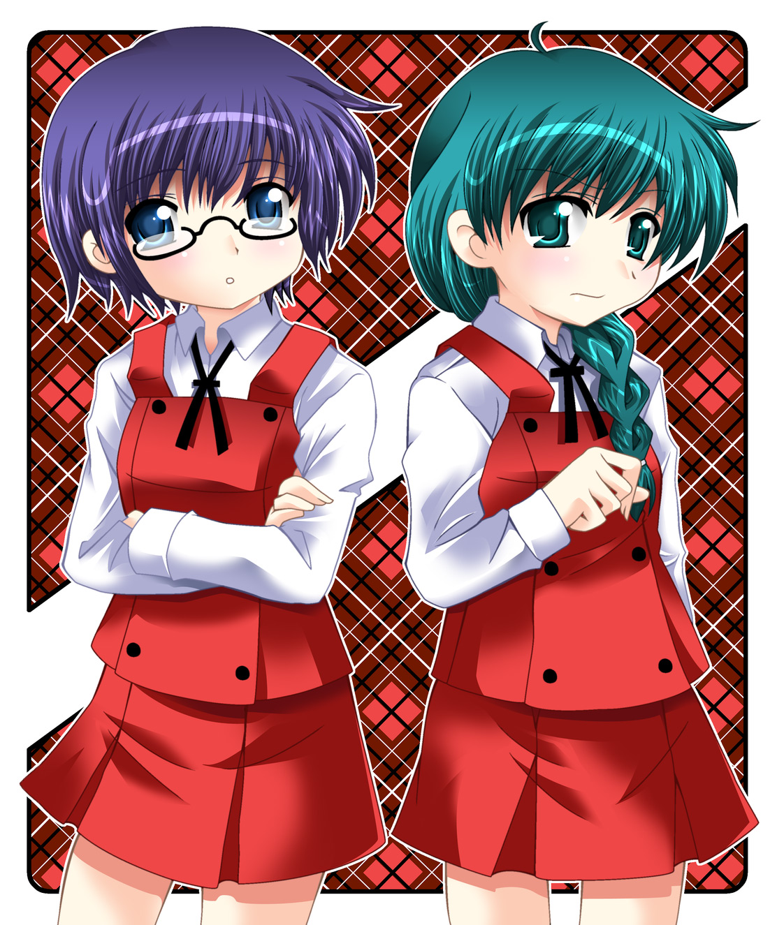 kohakugin, natsume (hidamari sketch), sae (hidamari sketch), hidamari sketch, highres, 00s, 2girls, blue eyes, blue hair, braid, glasses, green eyes, green hair, hair over shoulder, multiple girls, school uniform, yamabuki high school uniform