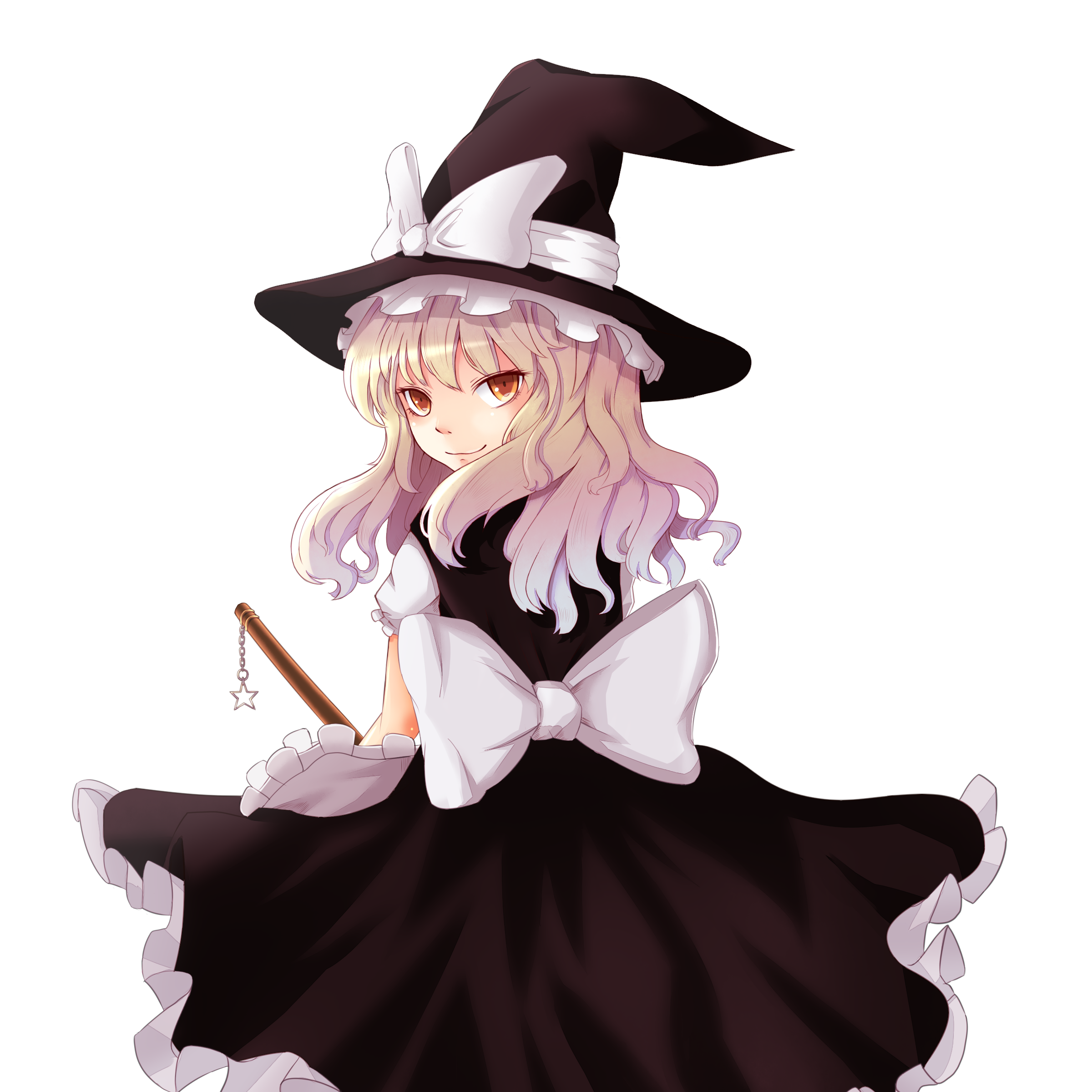 tatemaki roll, kirisame marisa, touhou, absurdres, highres, 1girl, blonde hair, broom, female focus, hat, looking back, ribbon, solo, transparent background, witch, witch hat, yellow eyes