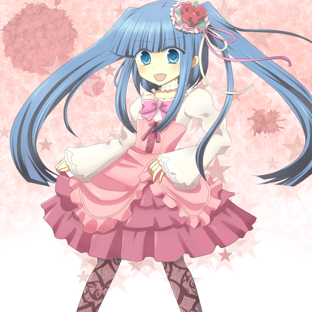 furudo erika, umineko no naku koro ni, 00s, blue eyes, blue hair, bow, dress, fang, hair ornament, long hair, pantyhose, smile, twintails
