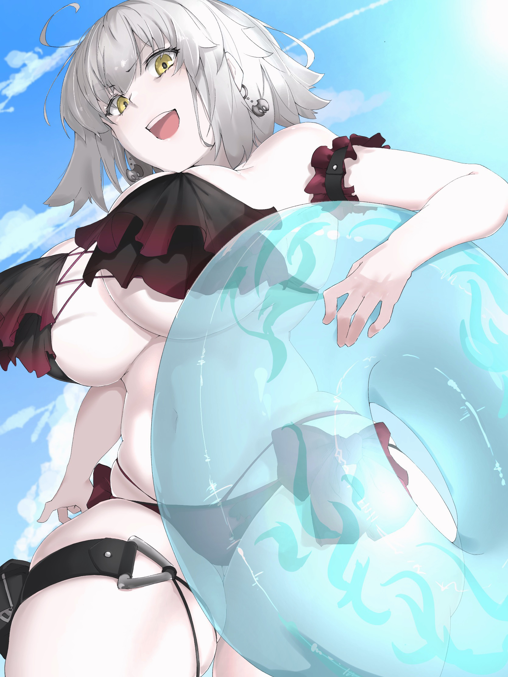 ri o ne su, jeanne d'arc alter (fate), fate/grand order, fate (series), commentary request, highres, 1girl, bare shoulders, bikini, black bikini, blue sky, bow, breasts, cleavage, grey hair, innertube, large breasts, looking at viewer, navel, open mouth, short hair, sky, smile, solo, swim ring, swimsuit, thigh strap, thighs, yellow eyes