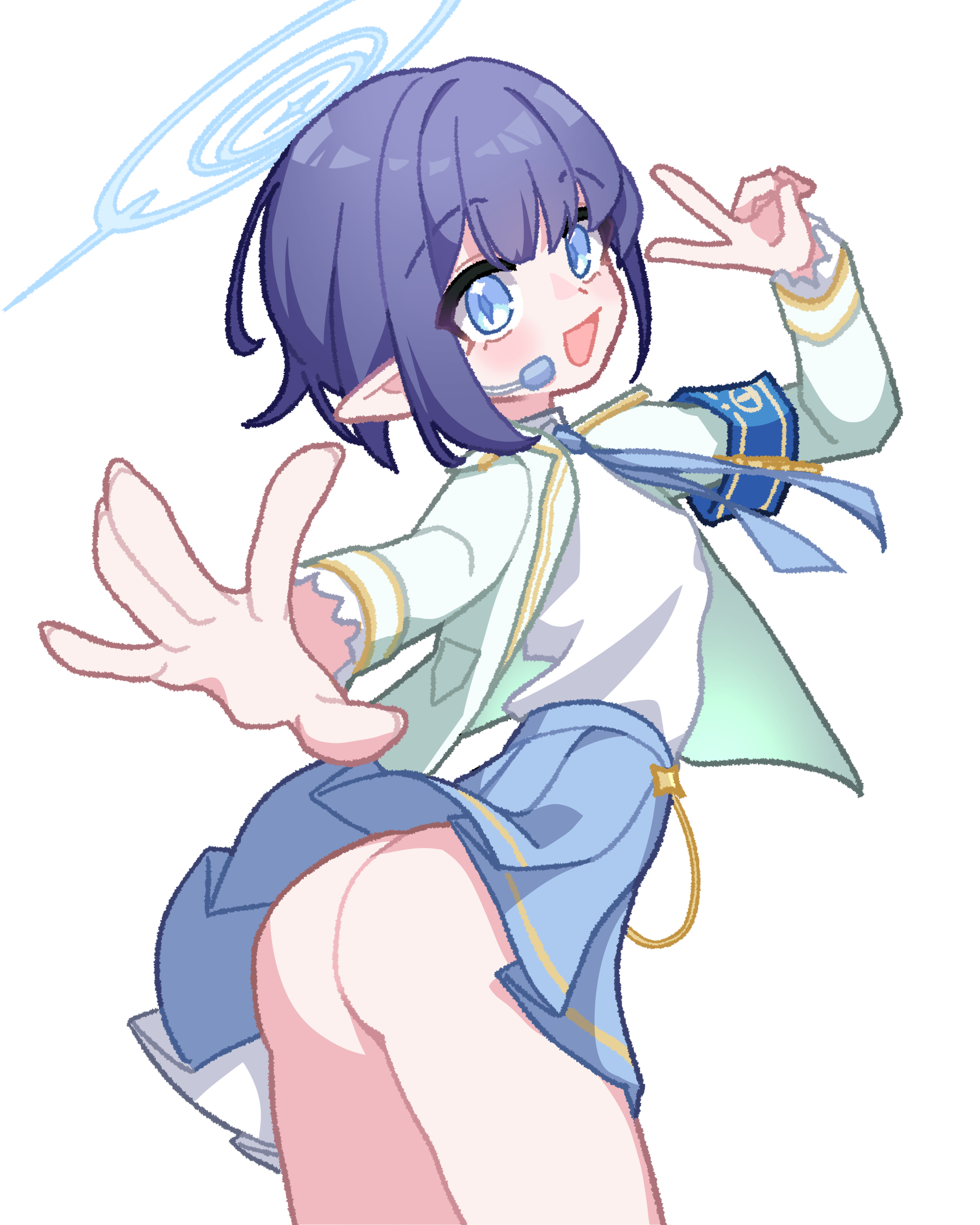 s9uirrel, aoi (blue archive), blue archive, absurdres, commentary request, highres, 1girl, armband, ass, blue armband, blue eyes, blue hair, blue halo, blue necktie, blue skirt, collared jacket, halo, headset, jacket, looking at viewer, looking back, microphone, miniskirt, necktie, no panties, open clothes, open jacket, open mouth, pointy ears, reaching, reaching towards viewer, skirt, solo, v, white background, white jacket