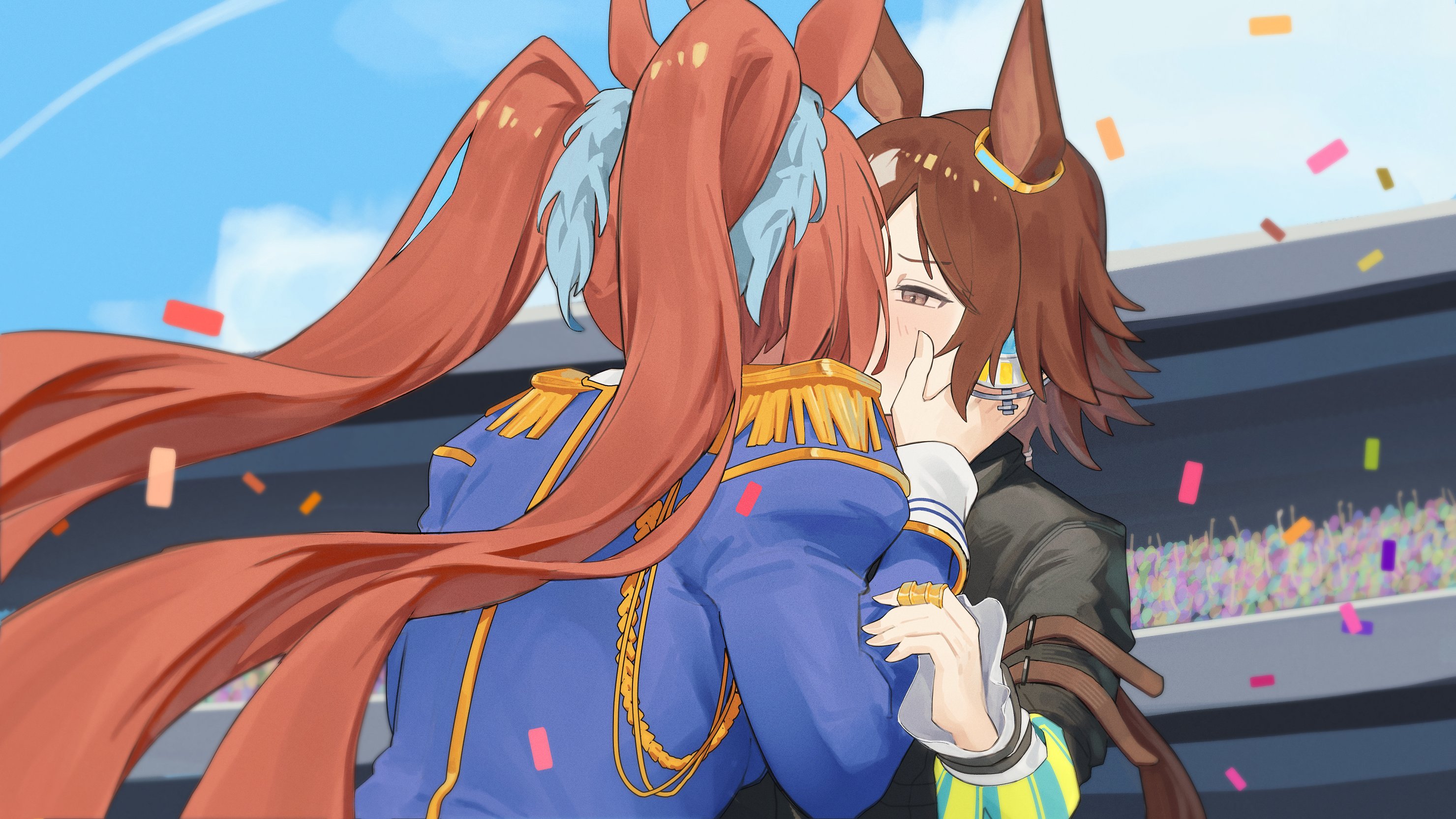omiglop, daiwa scarlet (peak blue) (umamusume), daiwa scarlet (umamusume), vodka (umamusume), vodka (wild top gear) (umamusume), umamusume, commentary, english commentary, highres, 2girls, aiguillette, animal ears, black jacket, blue jacket, brown eyes, brown hair, confetti, crowd, ear ornament, epaulettes, hair intakes, horse ears, horse girl, index ring, jacket, kiss, multiple girls, twintails, yuri