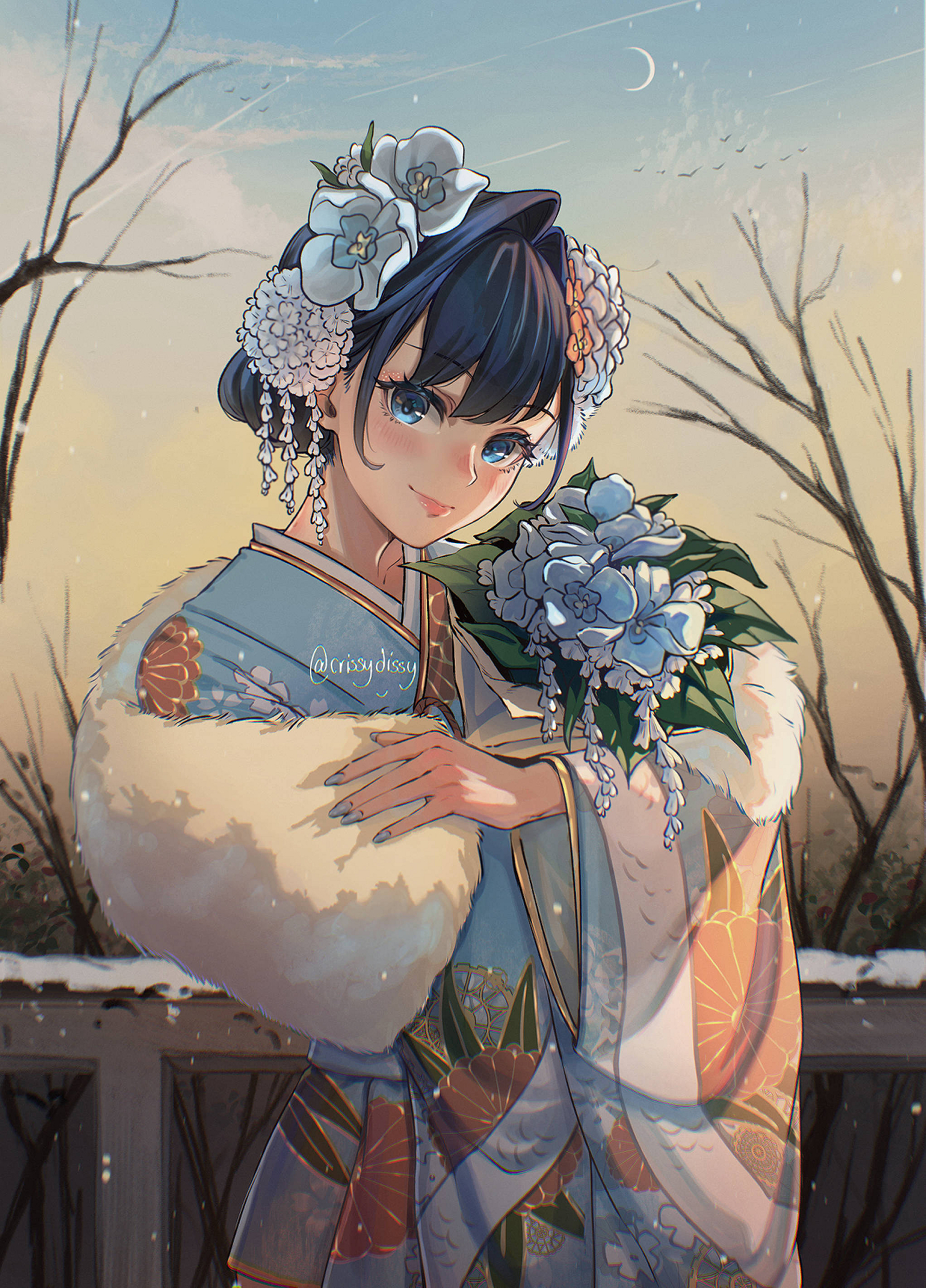 crissydissy, ouro kronii, ouro kronii (new year), hololive, hololive english, commentary, english commentary, highres, 1girl, blue eyes, blue flower, blue hair, blue kimono, blue nails, blush, bouquet, closed mouth, crescent moon, crossed arms, floral print, floral print kimono, flower, fur-trimmed kimono, fur trim, gear print, hair flower, hair intakes, hair ornament, holding, holding bouquet, japanese clothes, kanzashi, kimono, looking at viewer, medium hair, moon, multicolored kimono, nail polish, official alternate costume, official alternate hairstyle, outdoors, print kimono, short hair, smile, snow, solo, tree, tsumami kanzashi, twitter username, virtual youtuber