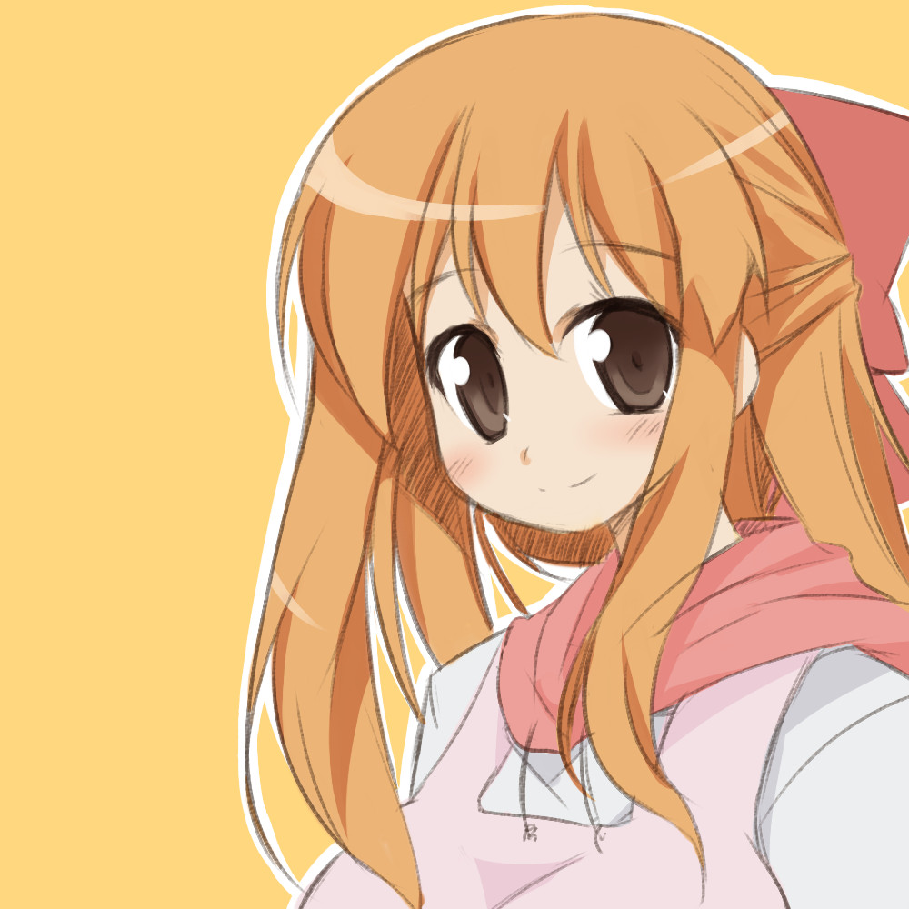 hoppege, yamamoto nanako, hanamaru youchien, 1girl, bow, brown eyes, dress, female focus, hair bow, half updo, kindergarten teacher, long hair, long sleeves, looking at viewer, orange hair, pink dress, pink scarf, portrait, scarf, shirt, sleeveless, sleeveless dress, smile, solo, upper body, white shirt, yellow background