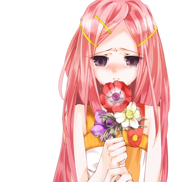 shuka (snow), anemone (eureka seven), eureka seven, eureka seven (series), bad id, bad pixiv id, 00s, 1girl, anemone (flower), dress, female focus, flower, hair ornament, hairclip, long hair, name connection, object namesake, pink hair, purple eyes, solo, tears