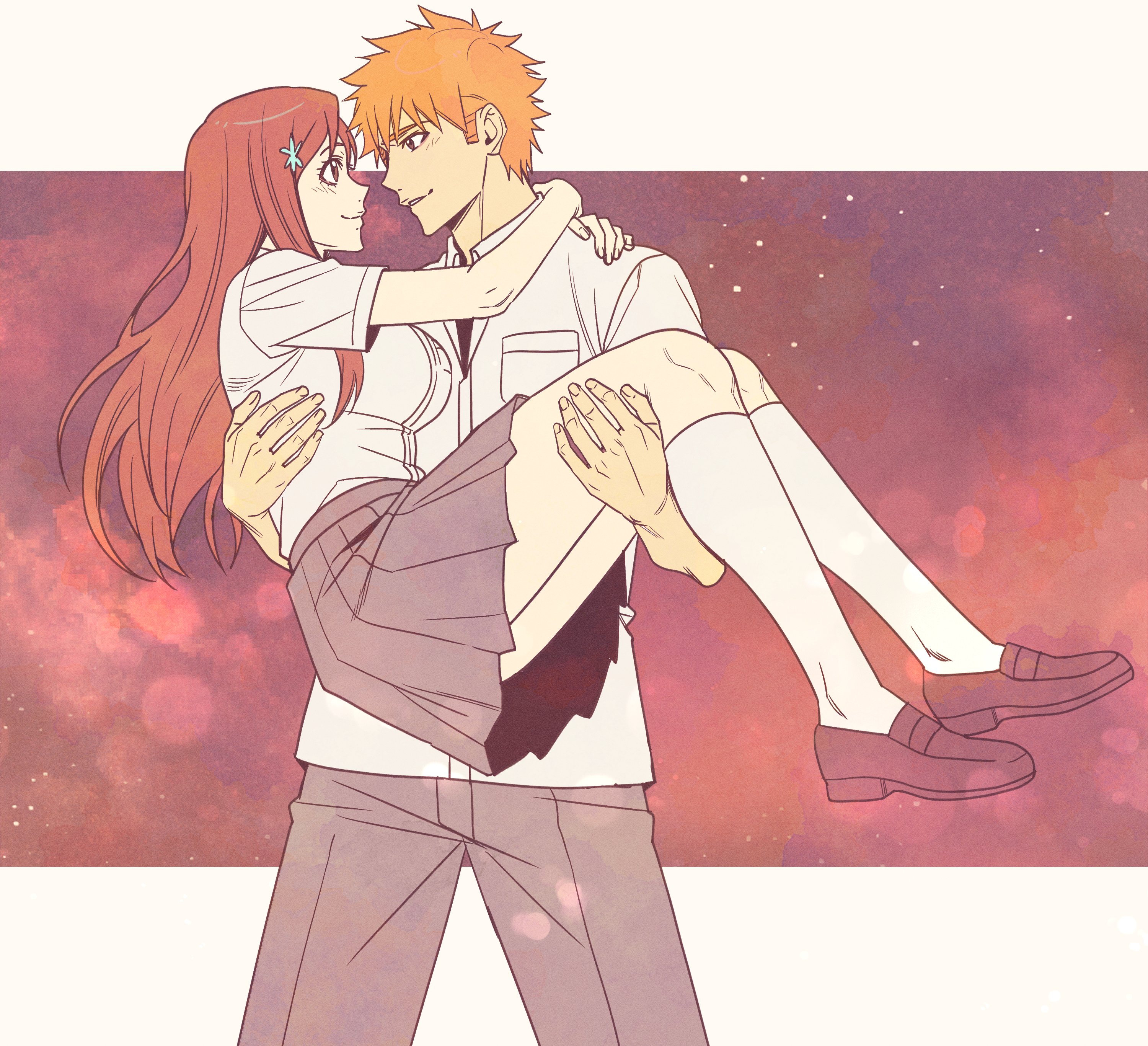 n (nauki 11), inoue orihime, kurosaki ichigo, bleach, 1boy, 1girl, arms around another's neck, blouse, bow, breasts, brown eyes, carrying, carrying person, closed mouth, hair ornament, hairclip, karakura high school uniform, knee socks, large breasts, long hair, orange hair, pants, red bow, school uniform, shirt, shoes, short hair, simple background, skirt, smile, snowflake hair ornament, spiked hair