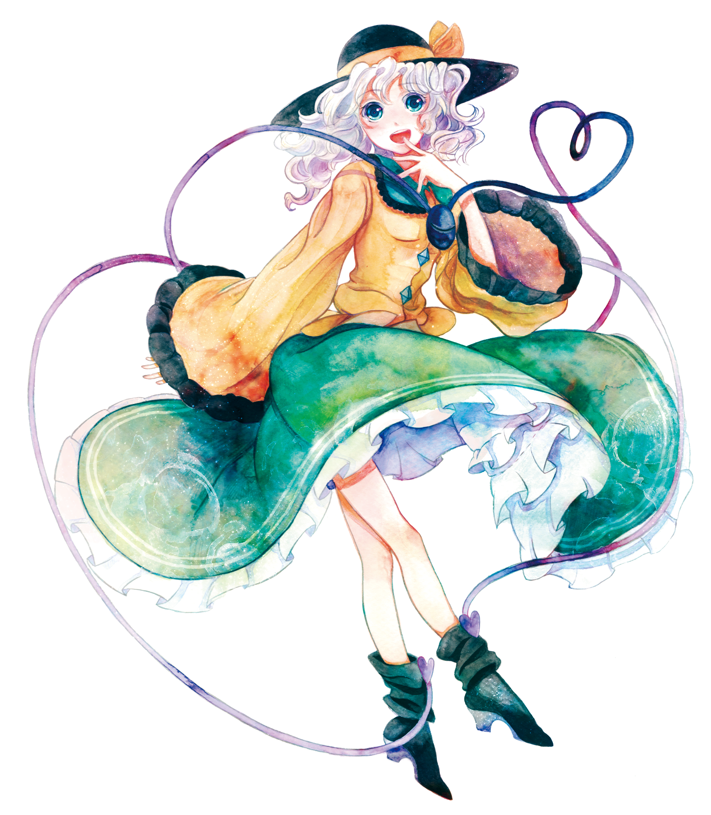 kyachi, pepepo, komeiji koishi, touhou, silver hair, highres, 1girl, blue eyes, female focus, full body, hat, heart, heart of string, high heels, shoes, short hair, solo, transparent background