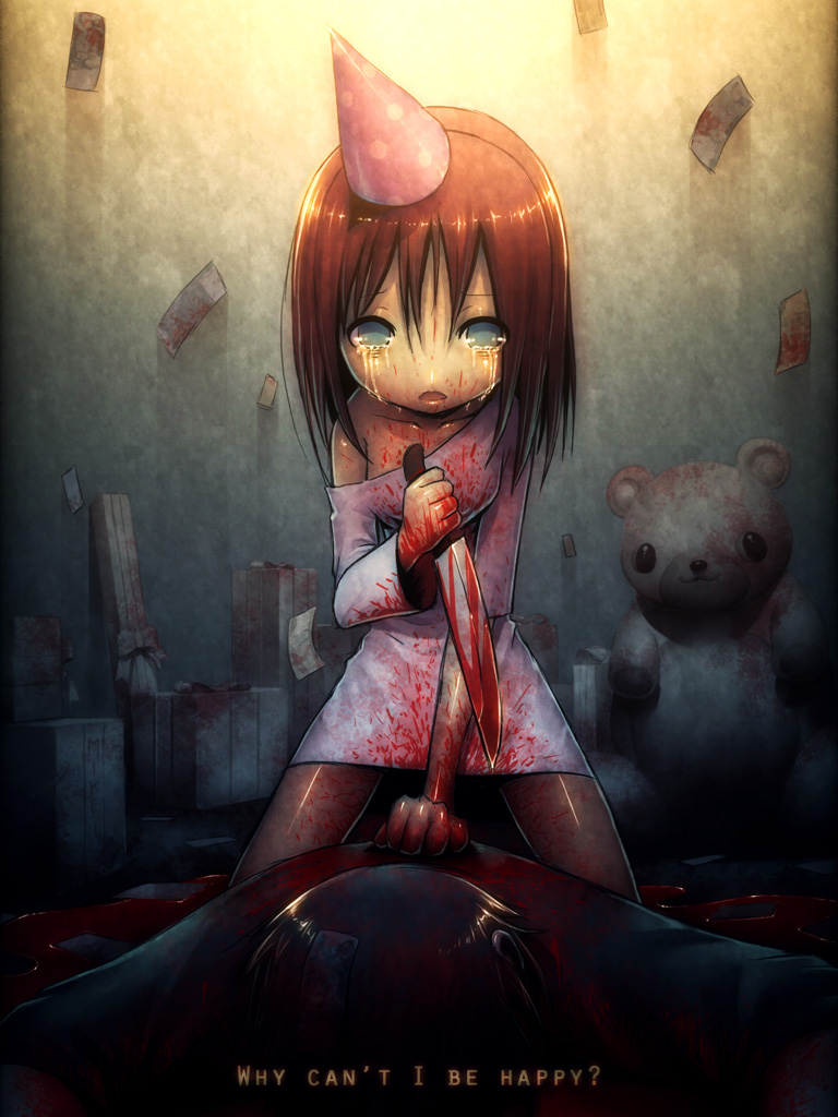 mike inel, commentary, 1girl, birthday, blood, blue eyes, brown hair, english text, gift, hat, knife, off shoulder, open mouth, party hat, reverse grip, solo focus, stuffed animal, stuffed toy, tears