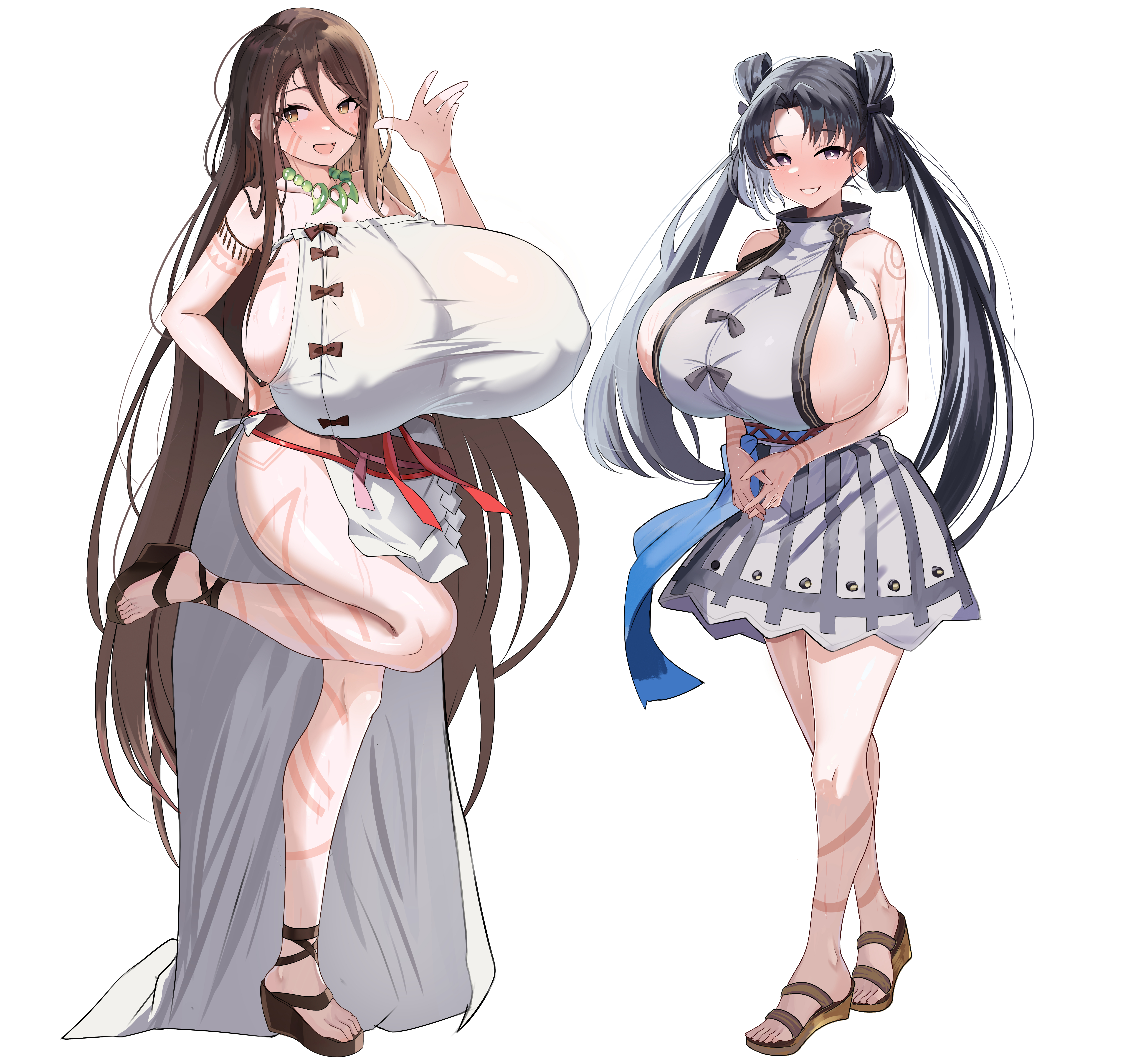shokobr, himiko (fate), himiko (first ascension) (fate), iyo (fate), fate/grand order, fate (series), absurdres, commentary, highres, 1girl, 2girls, :d, alternate breast size (larger), armpits, arms behind back, arms behind head, arms up, bare shoulders, black hair, blue background, blue sash, body markings, breasts, brown sandals, cleavage, closed eyes, dress, facial mark, facing viewer, forehead, forehead mark, full body, gigantic breasts, grey eyes, grin, halterneck, hand on own arm, huge breasts, jewelry, legs apart, long hair, looking at viewer, magatama, magatama necklace, multiple girls, necklace, nipples, open mouth, red sash, sandals, sash, side slit, sideboob, simple background, smile, standing, sweat, thick thighs, thighs, topknot, twintails, white dress, yellow sandals