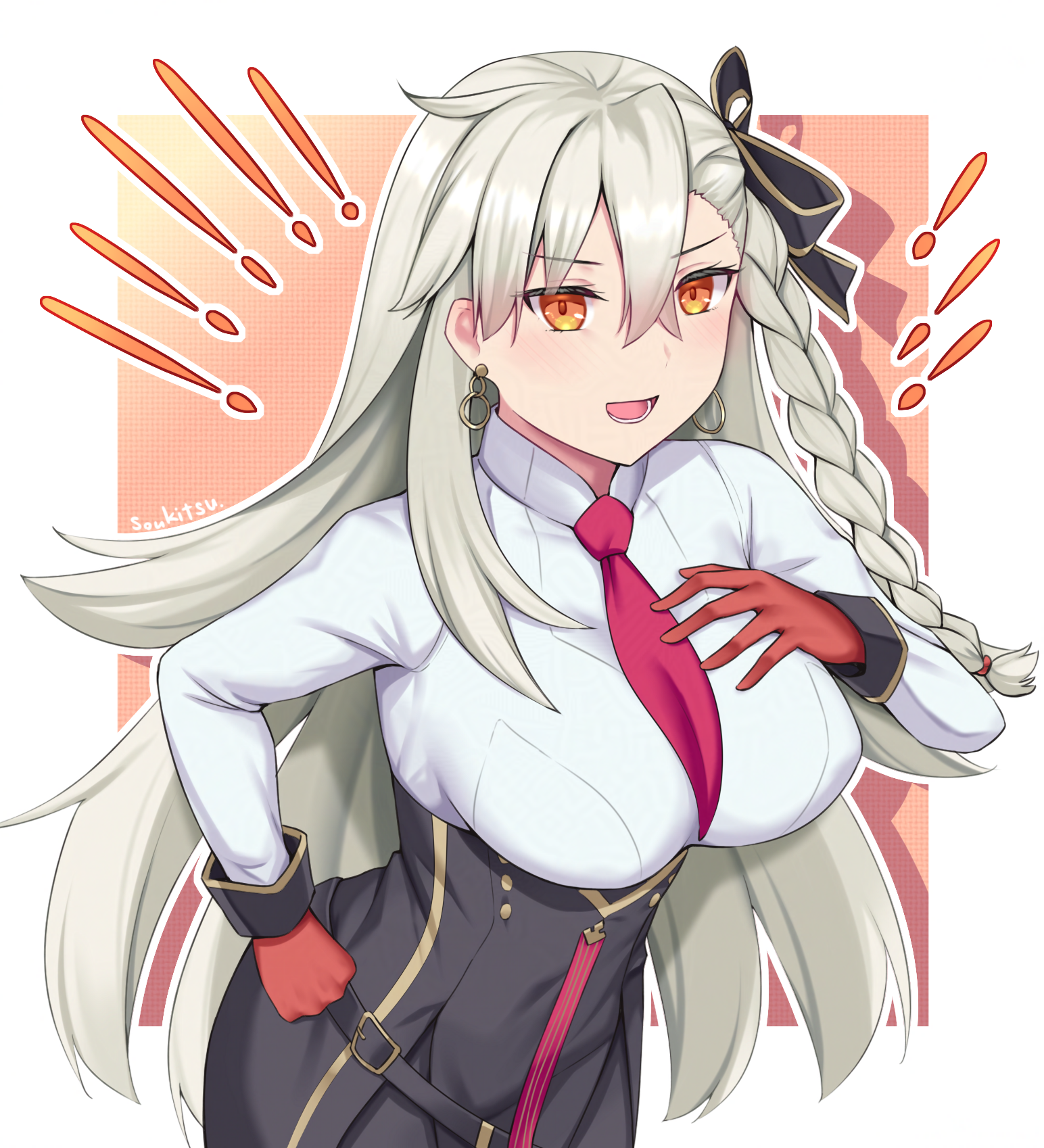 soukitsu, olga marie animusphere, olga marie animusphere (unbeast), fate/grand order, fate (series), commentary request, highres, !, 1girl, alternate breast size (larger), artist name, black ribbon, border, braid, breasts, crossed bangs, earrings, gloves, grey hair, hair between eyes, hair ribbon, hand on own chest, hand on own hip, jewelry, large breasts, long hair, looking at viewer, necktie, open mouth, orange eyes, orange gloves, outside border, pink background, red necktie, ribbon, smile, solo, white border