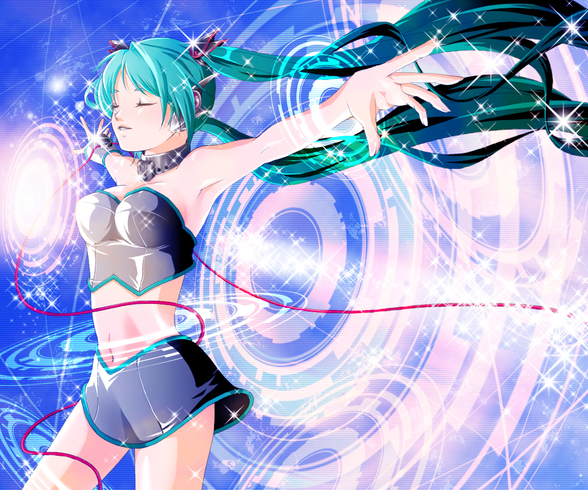 ricco (xyz), hatsune miku, vocaloid, bad id, bad pixiv id, 1girl, choker, closed eyes, detached sleeves, female focus, long hair, midriff, skirt, solo, twintails, very long hair