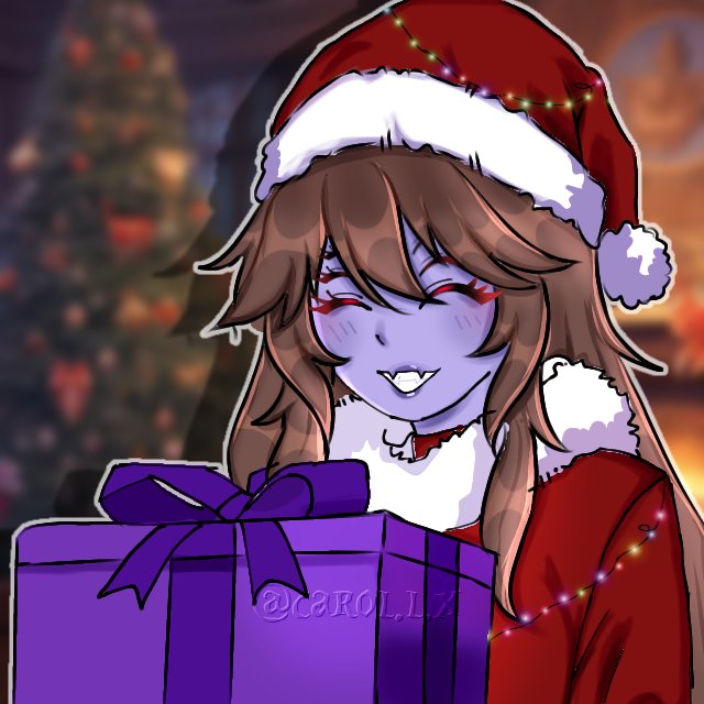 indie virtual youtuber, commentary request, carol l x, christmas lights, christmas tree, colored skin, dante will, dante will (spider), dress, extra eyes, eyelashes, fur-trimmed dress, fur-trimmed headwear, fur trim, gift, hat, holding, neobaka, purple skin, santa costume, santa hat, smile, spanish commentary, twitter username