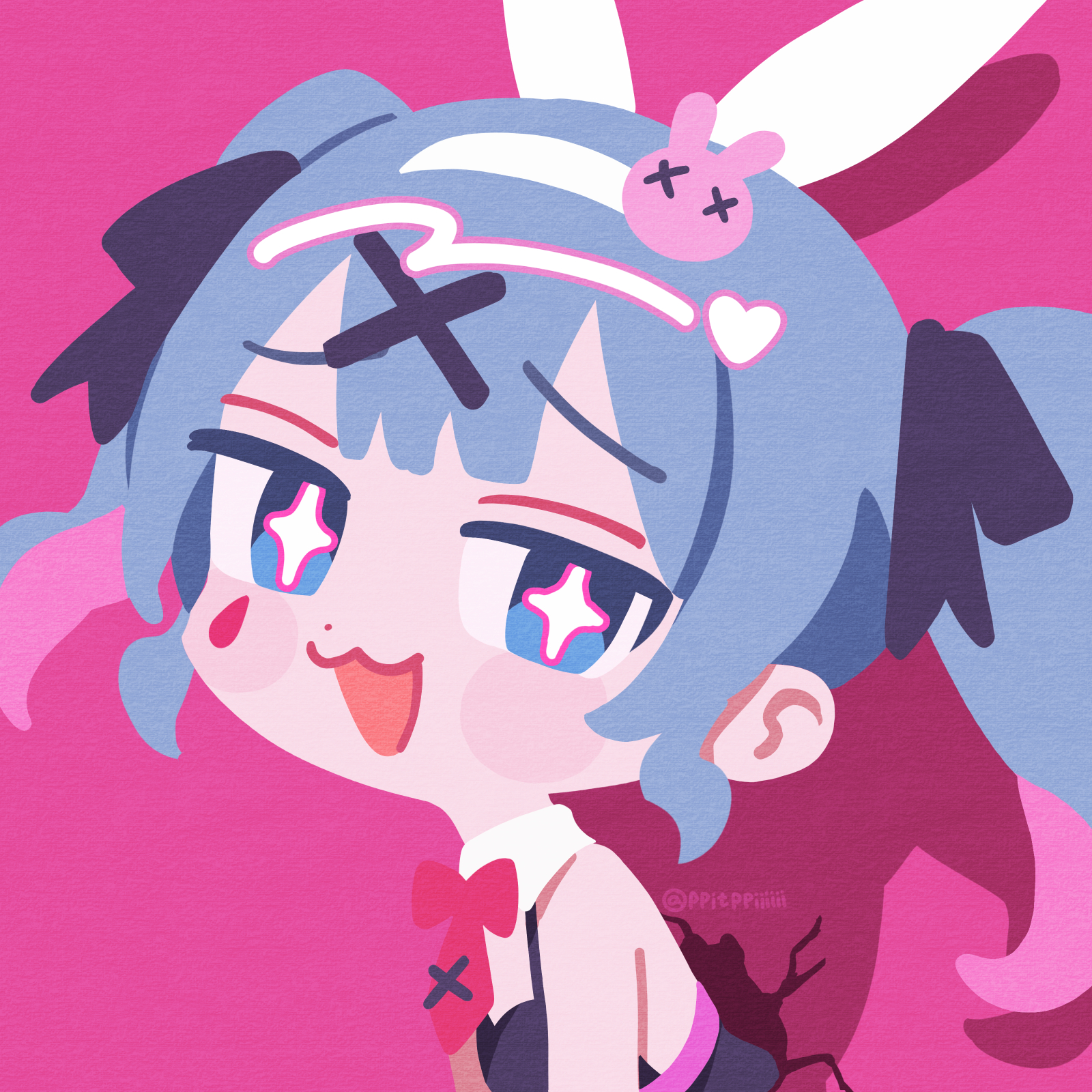 tsui, hatsune miku, rabbit hole (vocaloid), vocaloid, commentary, highres, 1girl, animal ears, aqua hair, black leotard, blue eyes, blue hair, breasts, chibi, facial mark, fake animal ears, hair ornament, leotard, long hair, looking at viewer, no lineart, open mouth, pink background, playboy bunny, rabbit ears, solo, teardrop facial mark, through wall, twintails, x hair ornament