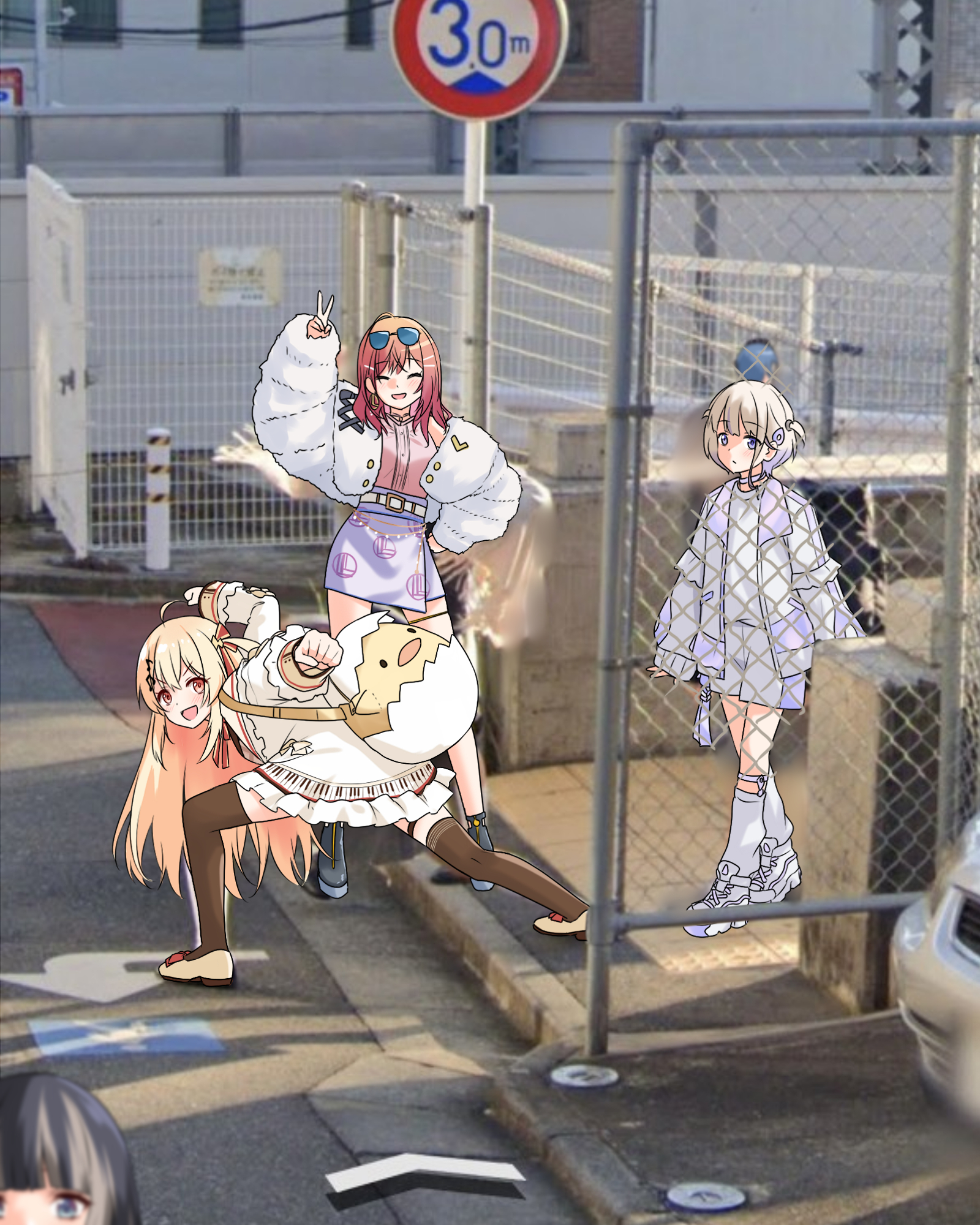 felutiahime, ichijou ririka, juufuutei raden, otonose kanade, todoroki hajime, hololive, hololive dev is, regloss (hololive), commentary request, highres, 4girls, ahoge, black hair, blonde hair, blue eyes, brown thighhighs, eyewear on head, fortissimo, fur jacket, gradient hair, grey hair, hair ornament, high school girls posing for google street view (meme), jacket, long hair, looking at viewer, meme, multicolored hair, multicolored jacket, multiple girls, musical note, musical note hair ornament, orange hair, pink shirt, purple eyes, purple hair, purple jacket, purple shorts, purple skirt, red eyes, shirt, shoes, short hair, shorts, skirt, smile, streaked hair, thighhighs, tube socks, two-tone hair, two-tone jacket, two-tone shorts, v, virtual youtuber, white jacket, white shoes, white shorts