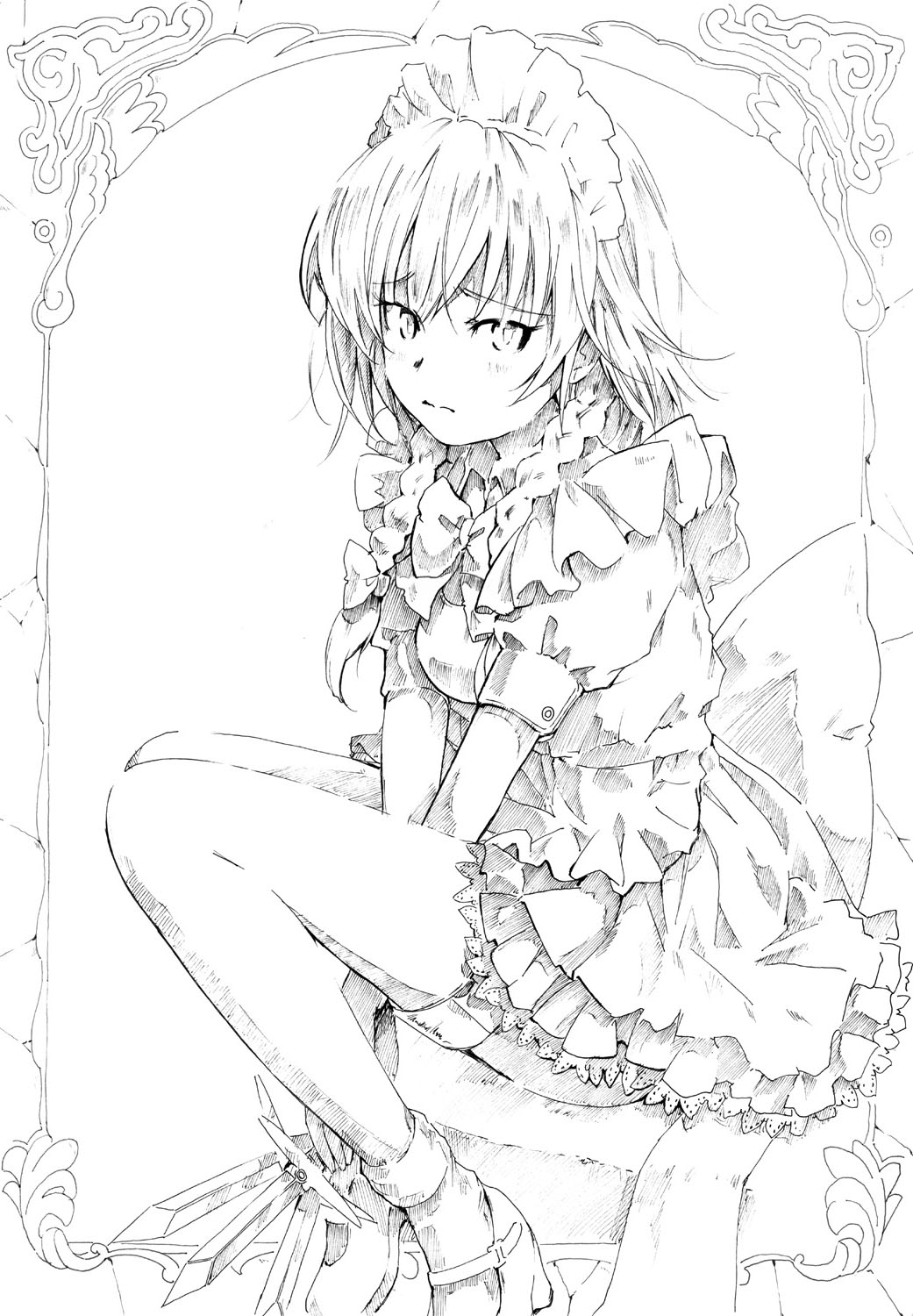 mayo riyo, izayoi sakuya, touhou, bad id, bad pixiv id, highres, millipen (medium), pen (medium), traditional media, 1girl, braid, female focus, greyscale, knife, legs, maid, maid headdress, monochrome, sitting, solo, thigh strap, throwing knife, twin braids, weapon, white background