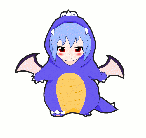 re ghotion, remilia scarlet, rex (mario), mario (series), nintendo, super mario world, touhou, costume, animated, animated gif, lowres, 1girl, :<, blue hair, blush, crossover, female focus, hamster dance, parody, red eyes, simple background, solo, tyrannosaurus rex, wings