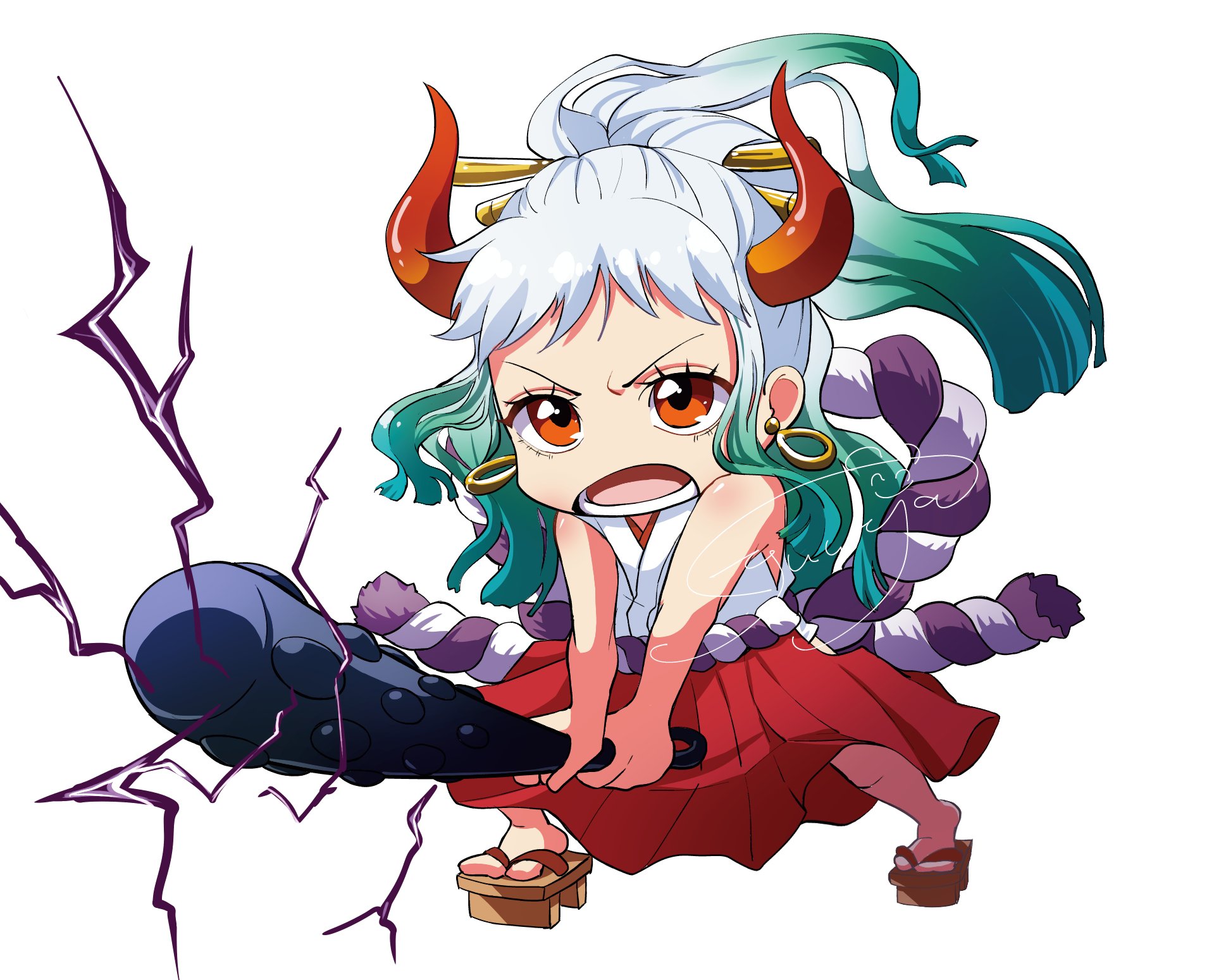 yuuya (hakase-luv), yamato (one piece), one piece, commentary request, highres, 1girl, aqua hair, blue hair, chibi, club, club (weapon), earrings, full body, geta, hair ornament, hakama, haki (one piece), holding, holding weapon, hoop earrings, horns, japanese clothes, jewelry, kanabou, kimono, open mouth, orange eyes, ponytail, red hakama, sidelocks, simple background, sleeveless, sleeveless kimono, solo, weapon, white background, white hair, white kimono