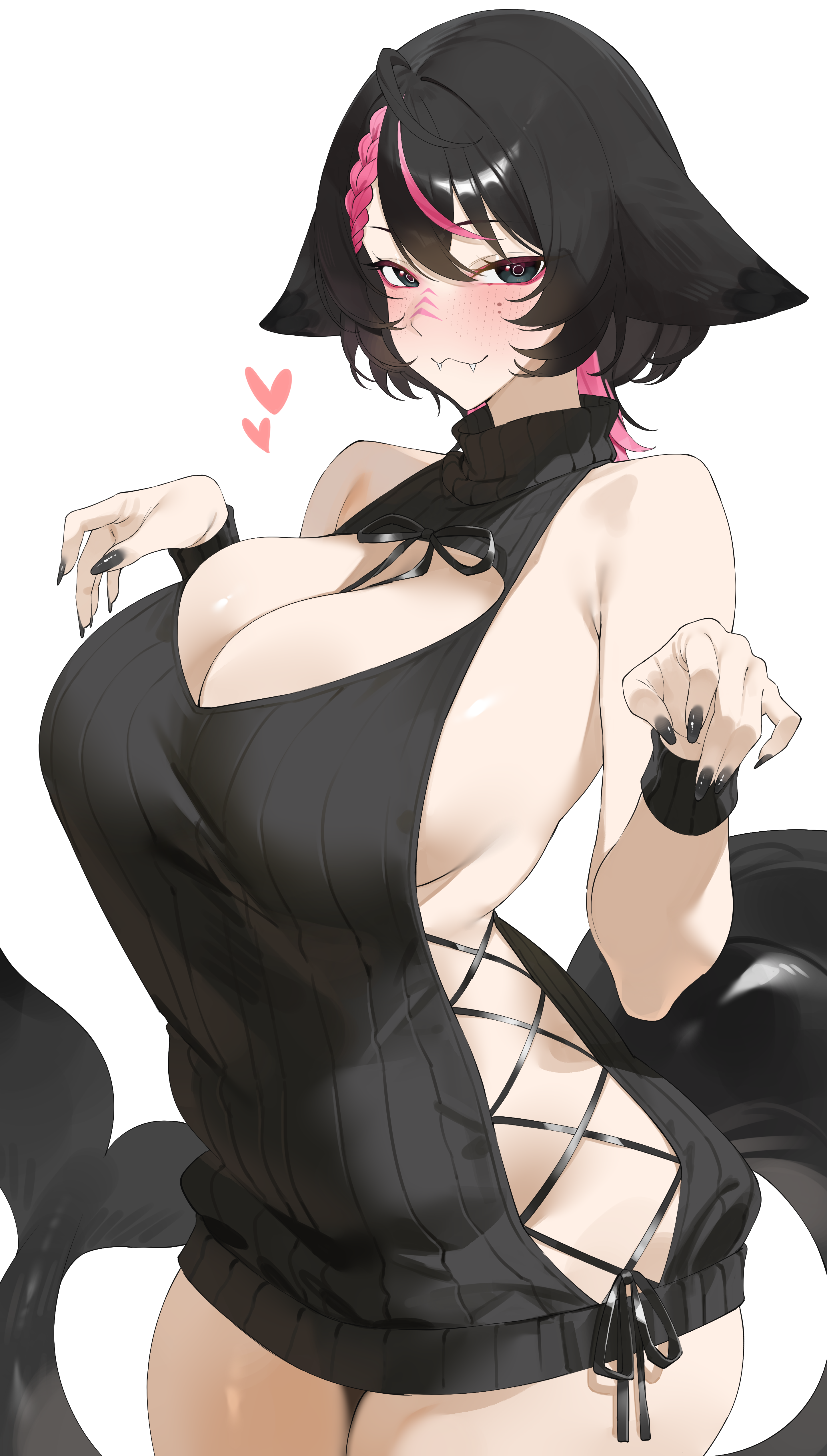byeon dha, original, absurdres, commentary, commission, highres, 1girl, :3, ahoge, black bow, black eyes, black hair, black nails, black sweater, blush, bow, braid, braided bangs, breasts, cetacean tail, cleavage, cleavage cutout, clothing cutout, cross-laced sweater, dress, eyeshadow, facial mark, fangs, fins, fish tail, looking at viewer, makeup, medium hair, mole, mole under eye, naked sweater, no bra, no panties, open-chest sweater, orca girl, pink eyeshadow, pink hair, revealing clothes, ribbed sweater, sideboob, sideless sweater, simple background, skindentation, solo, sweater, sweater dress, tail, thick thighs, thighs, turtleneck, turtleneck sweater, white background, wolf cut, wristband