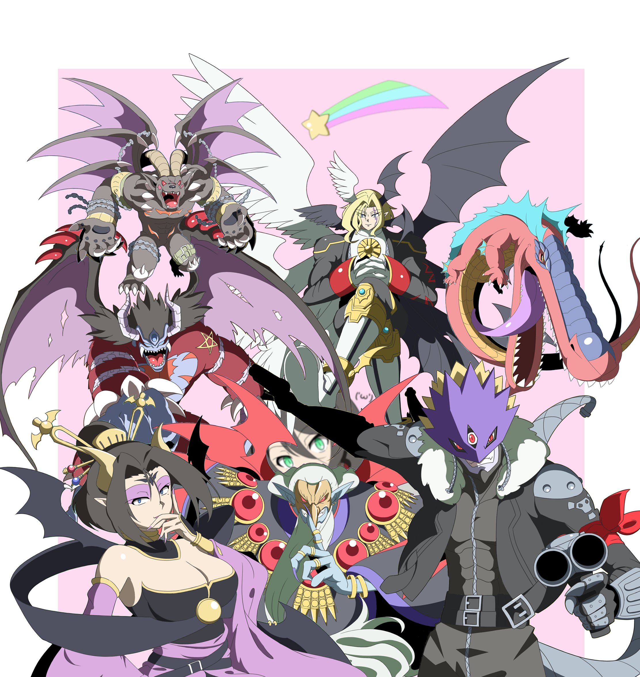 sugar 7t, barbamon, beelzebumon, belphemon, belphemon rage mode, demon (digimon), leviamon, lilithmon, lucemon falldown mode, digimon, original, commentary request, highres, 2girls, 4boys, angel wings, asymmetrical wings, black hair, black jacket, black pants, black wings, blonde hair, border, breasts, cleavage, crocodilian, crossed legs, demon boy, demon girl, demon wings, detached sleeves, digimon (creature), dual wielding, eyeshadow, facial mark, feathered wings, forehead mark, group picture, gun, hair bun, holding, holding gun, holding weapon, invisible chair, jacket, large breasts, makeup, mole, mole under eye, multiple boys, multiple girls, old, old man, pants, purple background, purple eyeshadow, purple lips, purple sleeves, purple wings, red wings, sharp teeth, short hair, sitting, teeth, weapon, white border, white wings, wide sleeves, wings
