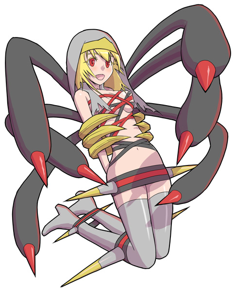 furuaki, giratina, giratina (origin), nintendo, pokemon, grey footwear, grey headwear, habit, 1girl, blonde hair, blush, boots, bound, breasts, cosplay, gen 4 pokemon, headscarf, high heels, large breasts, legendary pokemon, navel, open mouth, personification, red eyes, sash, smile, thigh boots, white background