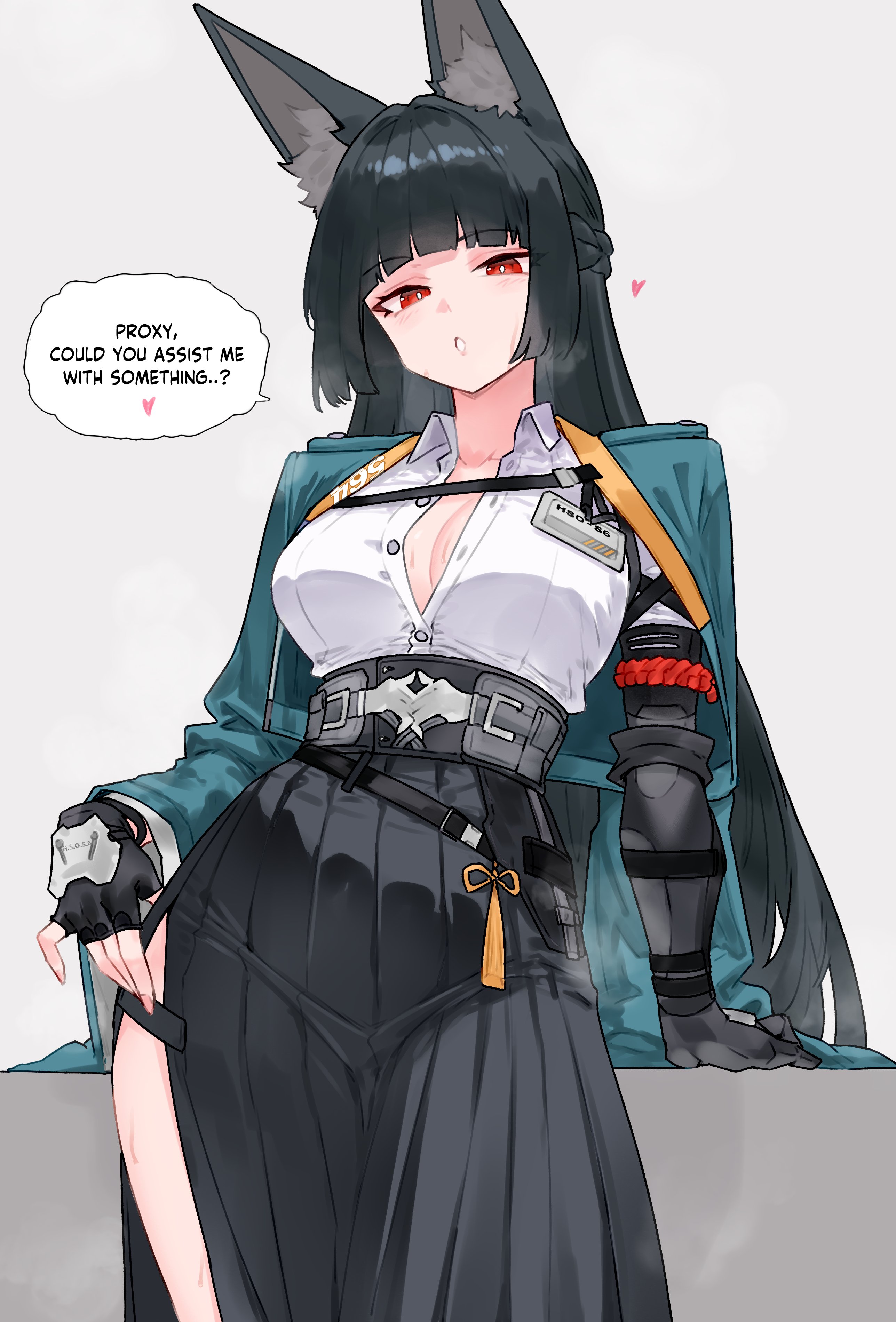 bluefield, hoshimi miyabi, zenless zone zero, absurdres, commentary, highres, 1girl, animal ear fluff, animal ears, black gloves, black hair, black skirt, braid, breasts, bright pupils, cleavage, collared shirt, english text, fingerless gloves, fox ears, fox girl, gloves, green jacket, grey background, heart, jacket, long hair, long skirt, looking at viewer, medium breasts, pleated skirt, red eyes, shirt, simple background, single fingerless glove, skirt, solo, speech bubble, thighs, white pupils