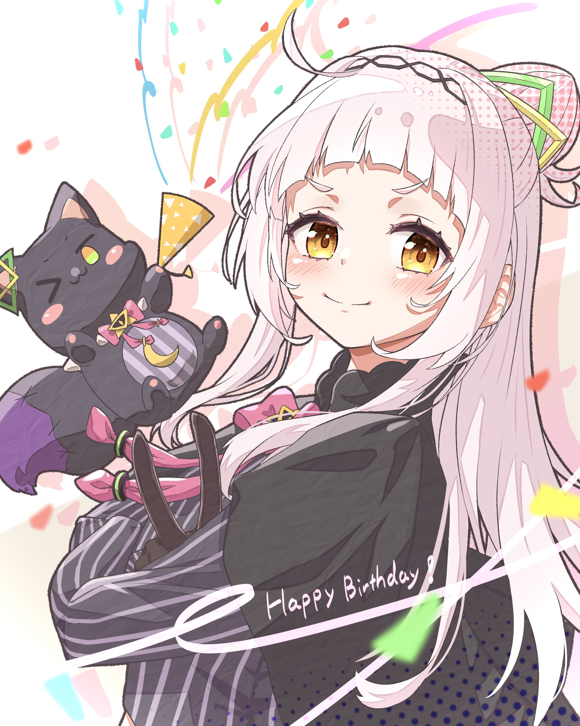 u da desu, murasaki shion, murasaki shion (1st costume), shiokko (murasaki shion), hololive, absurdres, commentary request, highres, > <, 1girl, :3, black capelet, black cat, black gloves, black shirt, blush, capelet, cat, closed mouth, gloves, green eyes, hair bun, looking at viewer, shirt, short eyebrows, smile, solo, v, virtual youtuber, white hair