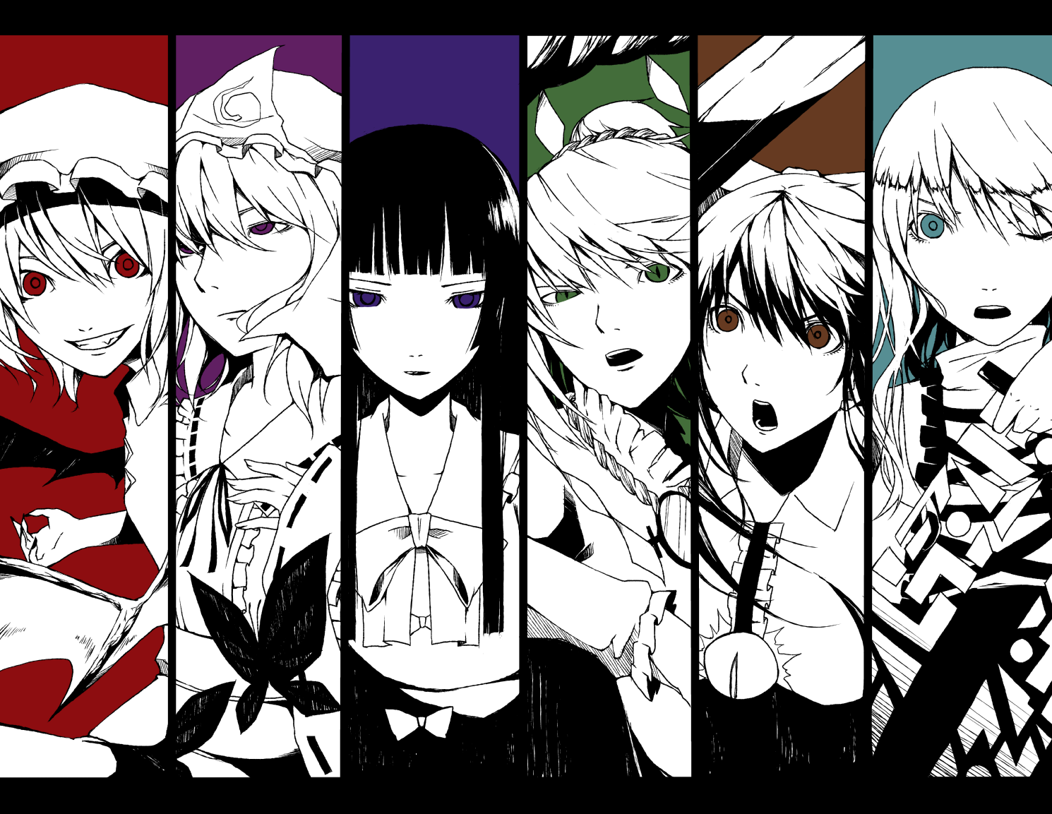 haruba negi, shiro negi, hijiri byakuren, houraisan kaguya, reiuji utsuho, remilia scarlet, saigyouji yuyuko, yasaka kanako, touhou, 6+girls, column lineup, female focus, letterboxed, monochrome, multiple girls, sorcerer's sutra scroll, spot color