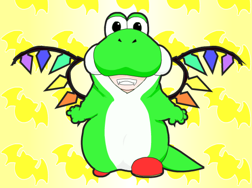 flandre scarlet, yoshi, mario (series), nintendo, touhou, costume, animated, animated gif, ^ ^, blonde hair, blush, closed eyes, fang, fangs, female focus, happy, wings