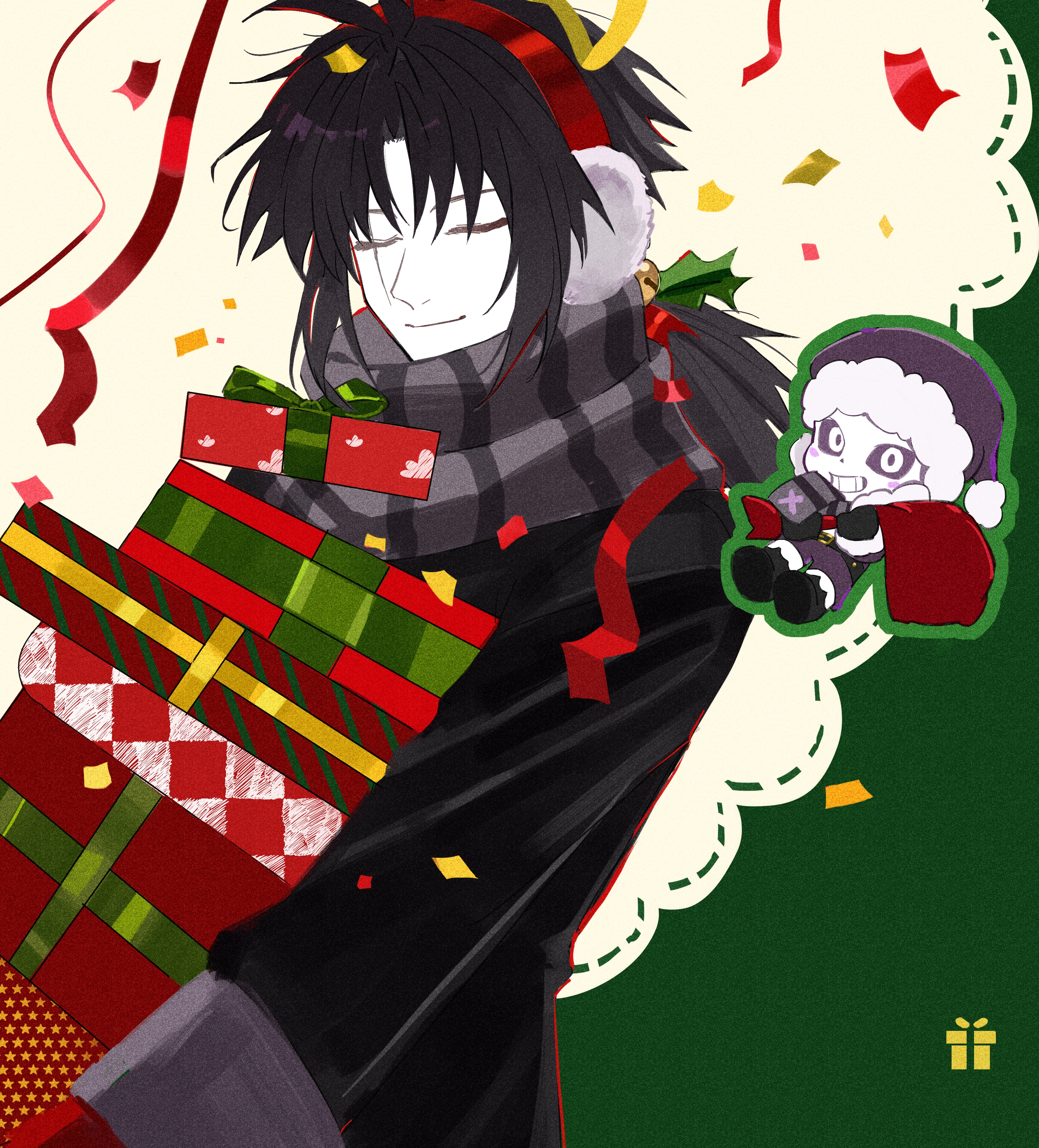 hanbaobaobaozhu, frisk (undertale), sans (undertale), undertale, utdr (toby fox), xtale, absurdres, chinese commentary, commentary request, highres, 2boys, :d, alternate costume, alternate universe, antenna hair, bag, bell, belt, black belt, black boots, black gloves, black hair, black sclera, black sweater, boots, christmas, christmas present, closed eyes, closed mouth, colored sclera, colored skin, confetti, earmuffs, facing viewer, film grain, fur-trimmed headwear, fur trim, gift, gloves, green background, green outline, grey scarf, grid teeth, grin, hair between eyes, hat, holding, holding bag, holding gift, jingle bell, knee boots, long hair, long sleeves, looking at viewer, low ponytail, male focus, multiple boys, open mouth, outline, pants, pom pom (clothes), ponytail, puffy long sleeves, puffy sleeves, purple hat, purple pants, red bag, santa costume, santa hat, scar, scar across eye, scar on face, scarf, sidelocks, simple background, skeleton, smile, solo focus, striped clothes, striped scarf, sweater, u u, upper body, vertical-striped clothes, vertical-striped scarf, white eyes, white skin