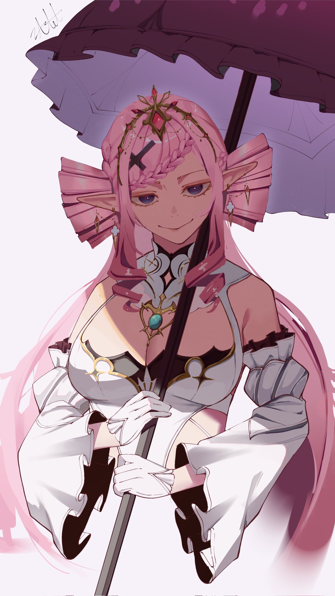 malice evermore, phase connect, bare shoulders, blue eyes, breasts, cleavage cutout, clothing cutout, dress shirt, drill hair, gloves, large breasts, looking at viewer, pink hair, sdatetra, shirt, twin drills, umbrella