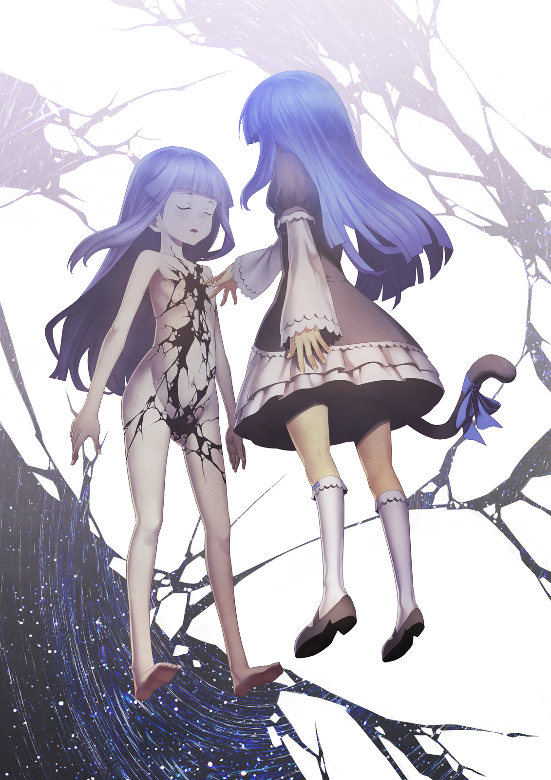 kunieda, frederica bernkastel, furude rika, higurashi no naku koro ni, umineko no naku koro ni, highres, 00s, 2girls, barefoot, black dress, blue hair, bow, closed eyes, company connection, creator connection, crossover, dress, feet, floating, from below, in-franchise crossover, kneehighs, loli, long hair, mary janes, multiple girls, nude, shoes, socks, tail, tail bow, tail ornament