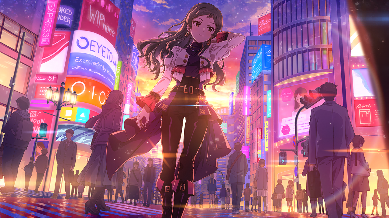 kitazawa shiho, idolmaster, idolmaster million live!, idolmaster million live! theater days, commentary request, game cg, official art, third-party source, 1girl, belt, belt buckle, black belt, black boots, black pants, boots, brown hair, buckle, city, closed mouth, earrings, jacket, jewelry, long hair, long sleeves, official alternate costume, outdoors, pants, solo focus, standing, sunset, white jacket