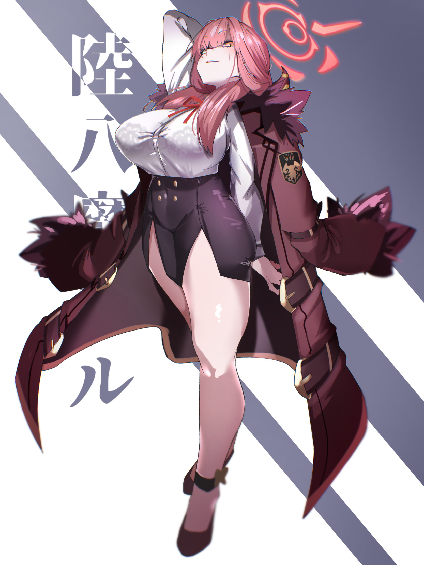 ri o ne su, aru (blue archive), blue archive, commentary request, highres, translation request, 1girl, black skirt, blush, bralines, breasts, brown coat, coat, coat on shoulders, collared shirt, dress shirt, full body, fur-trimmed coat, fur trim, gloves, halo, high heels, horns, large breasts, long hair, long sleeves, looking at viewer, neck ribbon, pencil skirt, pink hair, ribbon, shirt, skirt, solo, white gloves, white shirt, yellow eyes