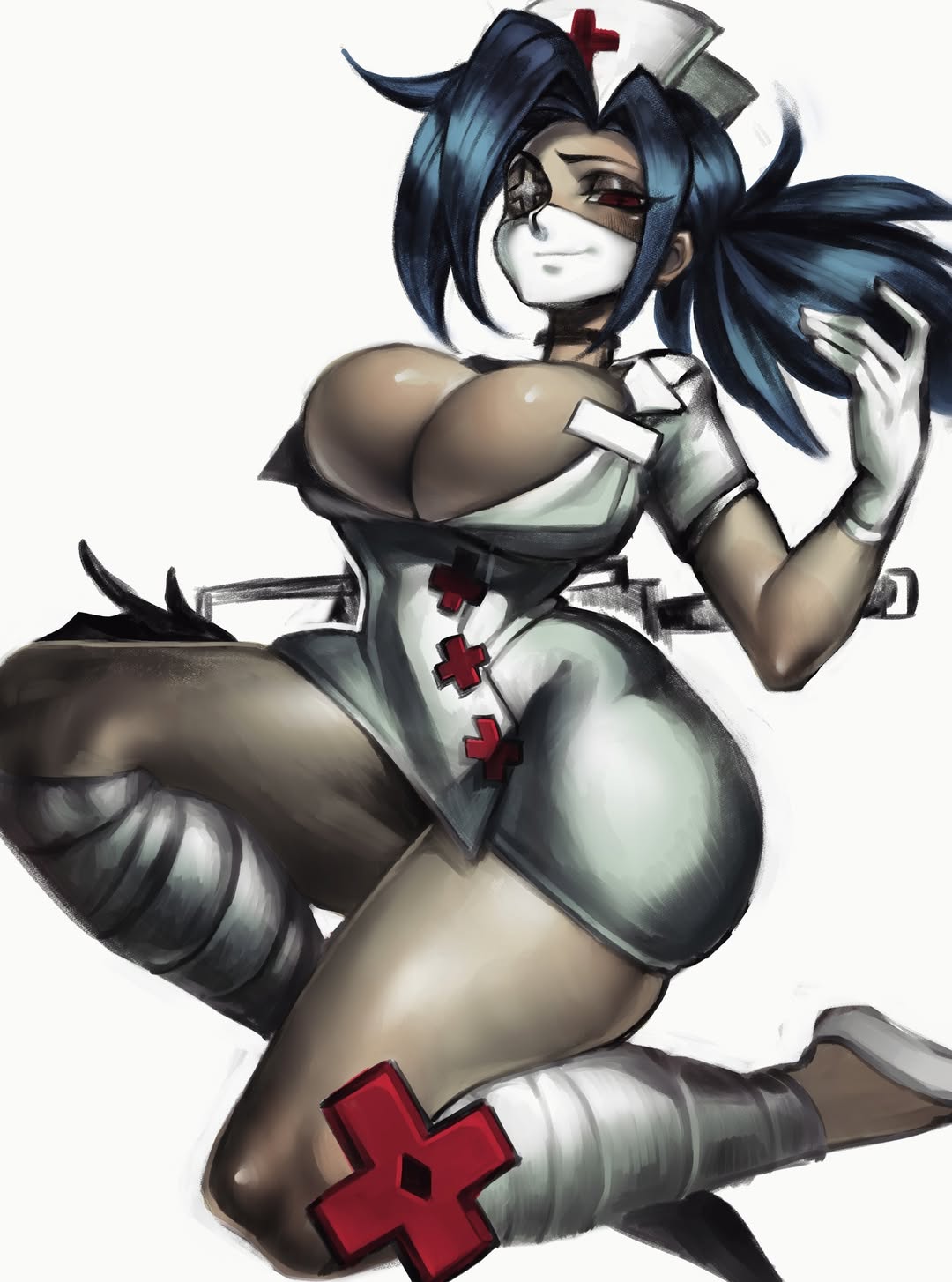kitty920831mai, valentine (skullgirls), skullgirls, commentary, english commentary, highres, 1girl, 2025, blue hair, bonesaw, breasts, breasts out, cross, curvy, dress, dynamic pose, eyepatch, female focus, flats, foot out of frame, garter straps, gloves, gradient background, half-closed eyes, hand up, hat, latex, latex gloves, leg wrap, light smile, looking at viewer, mask, mouth mask, name tag, narrow waist, nurse, nurse cap, parted bangss, ponytail, red cross, red eyes, red scrunchie, saw, scrunchie, shiny skin, shoes, short dress, sideboob, simple background, skindentation, solo, syringe, thick thighs, thighs, v-shaped eyebrows, valentine, weapon, weapon on back, white dress, white shoes, wide hips