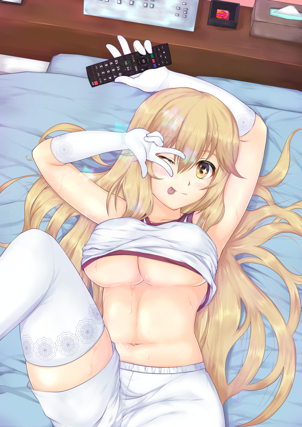 kiriko crown (956098), shokuhou misaki, toaru kagaku no railgun, toaru kagaku no railgun t, toaru majutsu no index, commentary request, highres, paid reward available, 1girl, ;p, blonde hair, breasts, cleavage, clothes lift, condom, condom wrapper, controller, elbow gloves, gloves, gym shirt, gym shorts, gym uniform, hair between eyes, holding, holding controller, holding remote control, large breasts, leg lift, long hair, looking at viewer, lying, navel, on back, on bed, one eye closed, remote control, shirt, shirt lift, short shorts, shorts, sleeveless, sleeveless shirt, solo, sparkling eyes, spider web print, thighhighs, tissue box, tokiwadai school gym uniform, tongue, tongue out, underboob, w, w over eye, white gloves, white shirt, white shorts, white thighhighs, yellow eyes