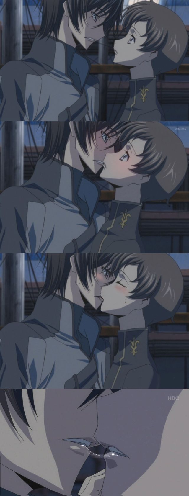 lelouch vi britannia, rolo lamperouge, code geass, anime screenshot, highres, third-party edit, 00s, 2boys, black hair, blush, brown hair, failure, fake screenshot, kiss, male focus, multiple boys, multiple views, purple eyes, saliva, saliva trail, sequential views, yaoi